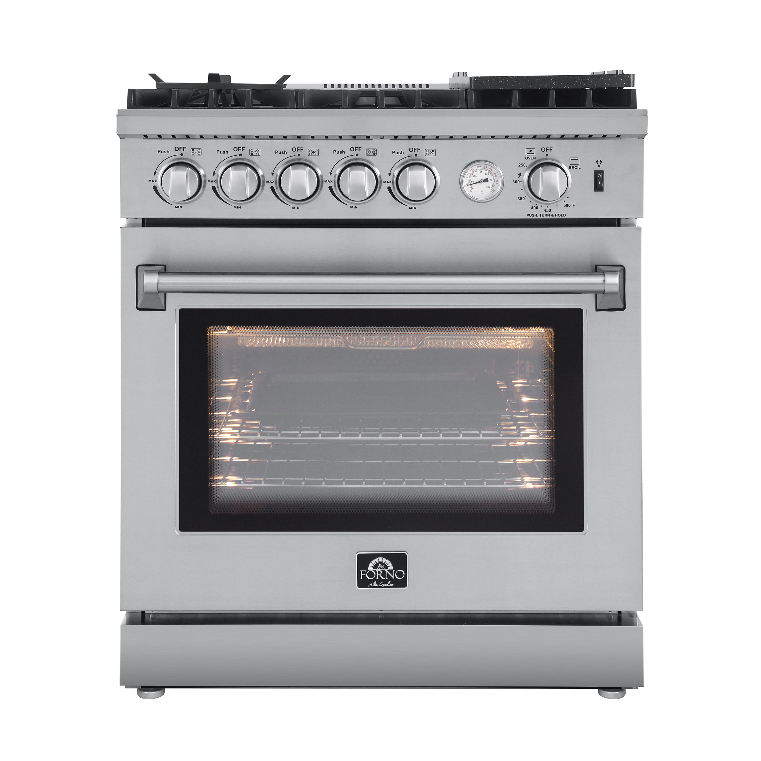 Forno Lazio 30-inch Gas Range Stainless Steel, 5 Burners 70,000 BTU, 4.32 cu.ft. Convection Oven