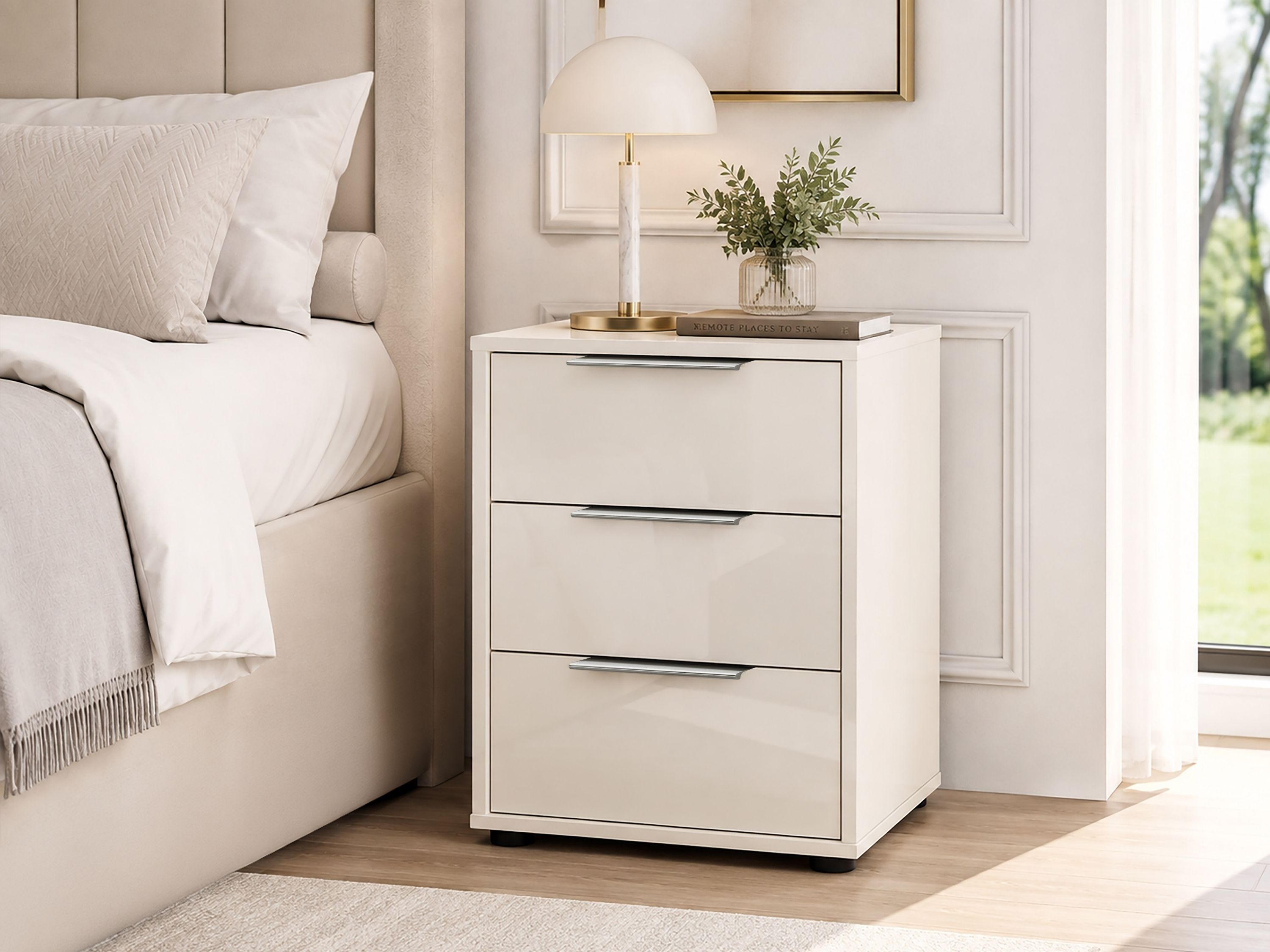 Ronda nachtkastje 3-ldn champagne glas front + chroom greep