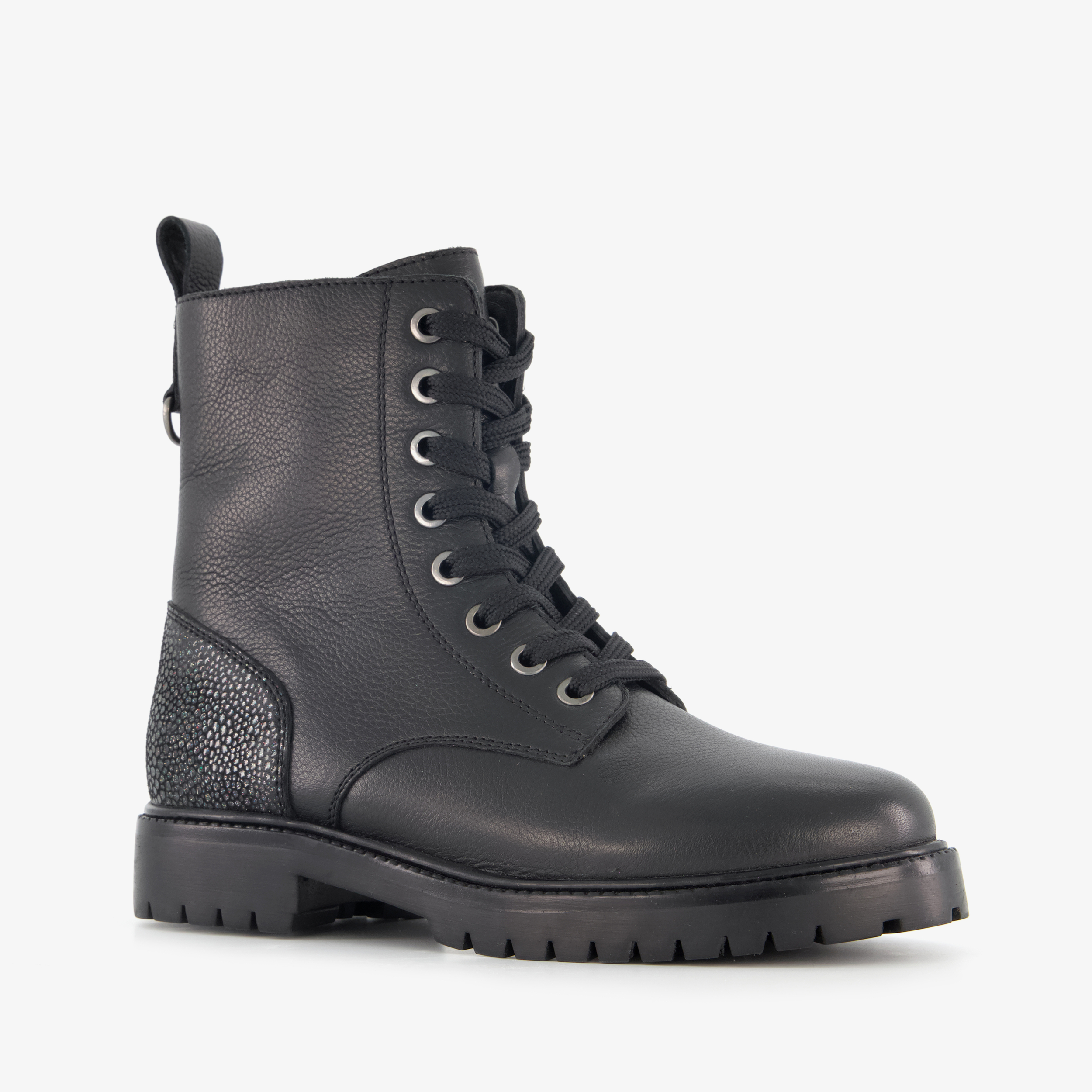 Groot leren meisjes veterboots met glitters op de hiel zwart
