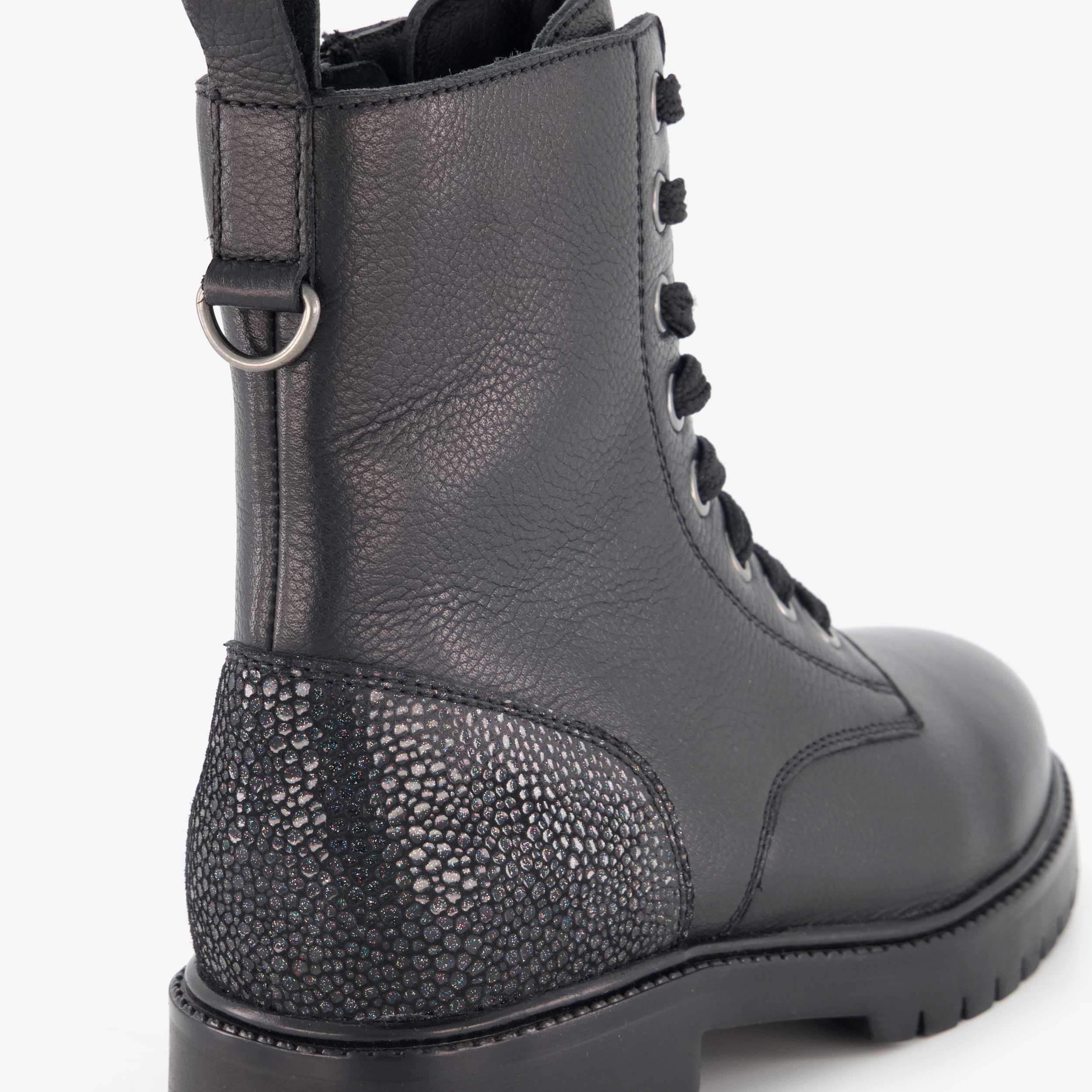 Groot leren meisjes veterboots met glitters op de hiel zwart – foto 5