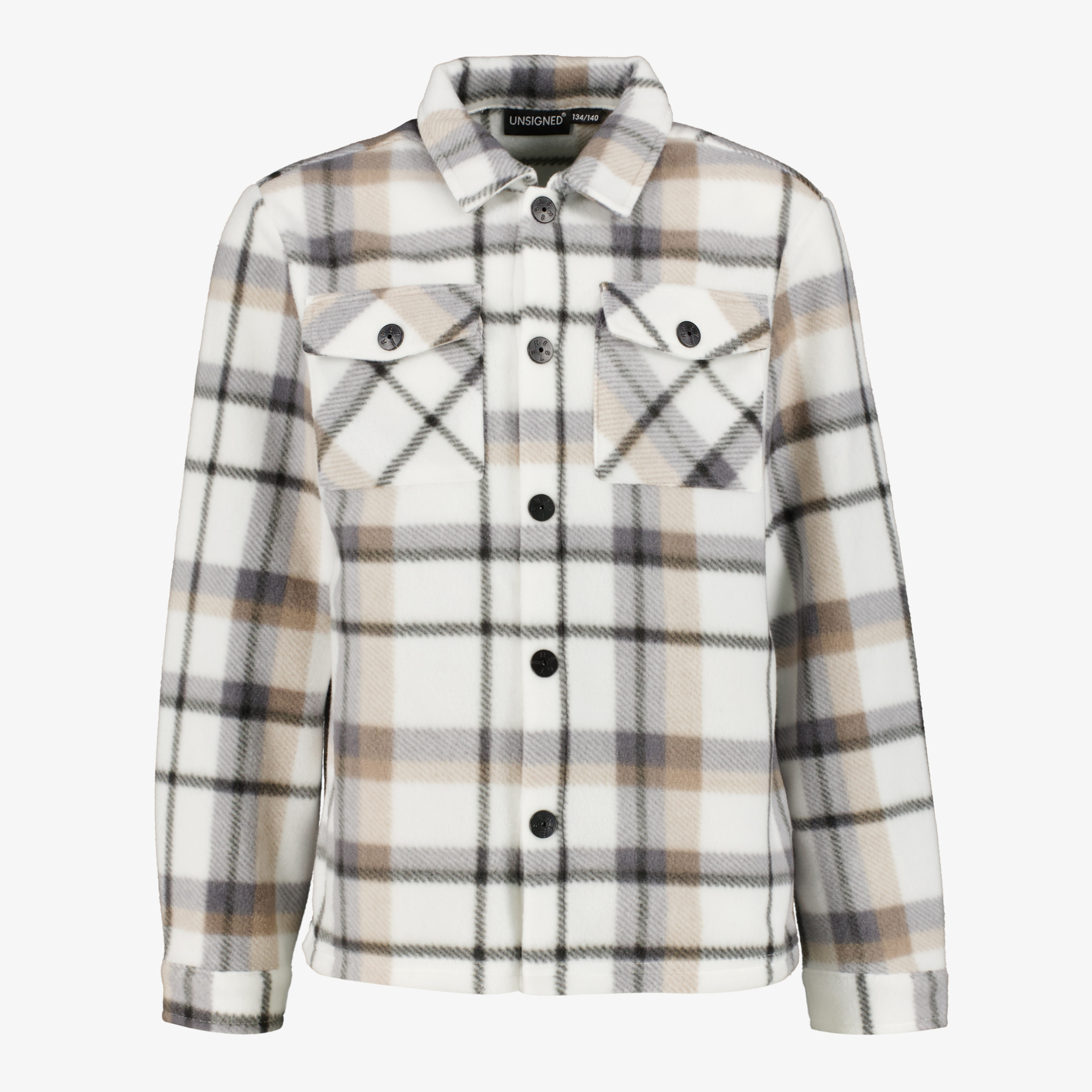 Unsigend geruite jongens blouse beige bruin