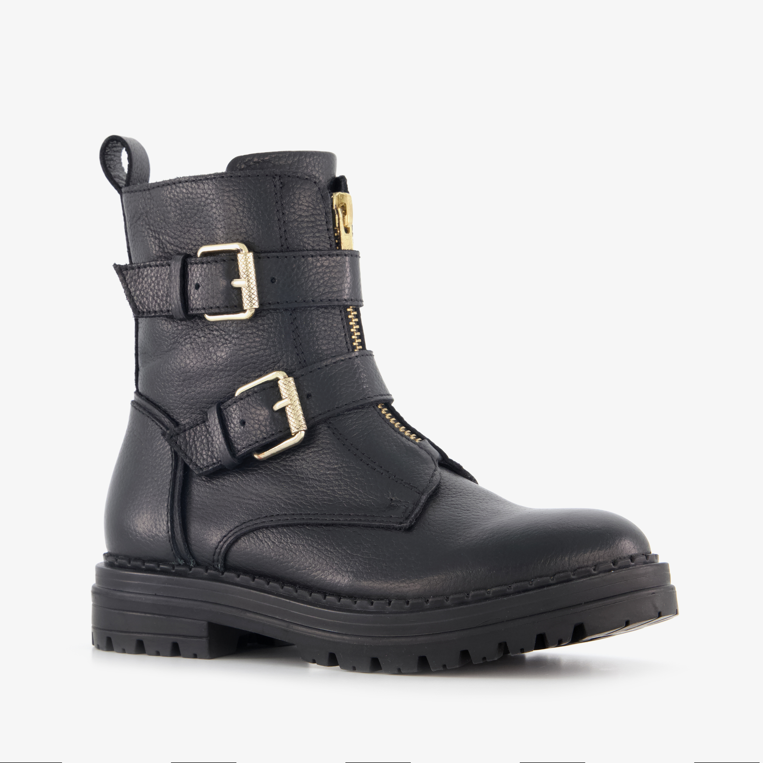 Groot leren meisjes biker boots zwart