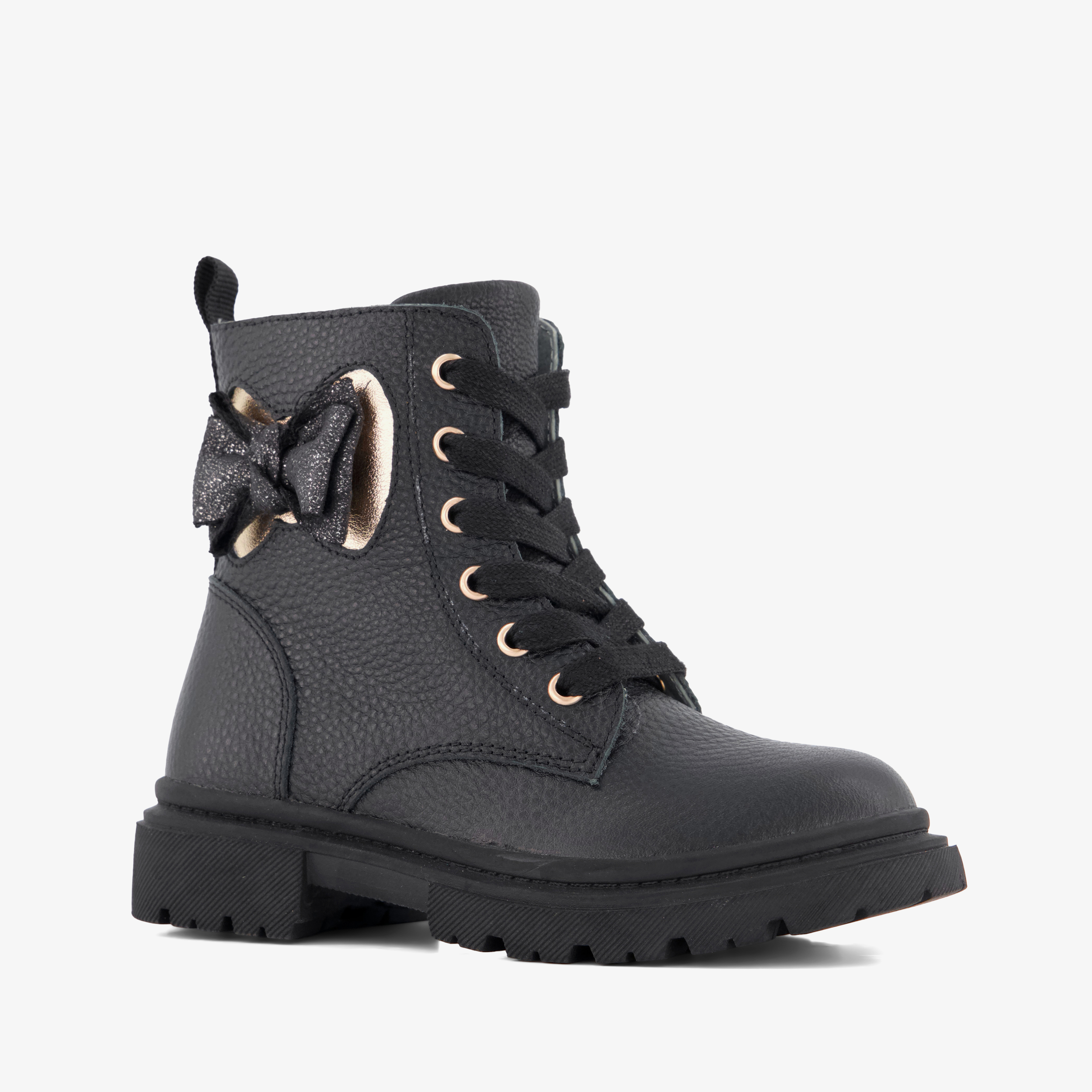 Stap leren meisjes veterboots met strik zwart
