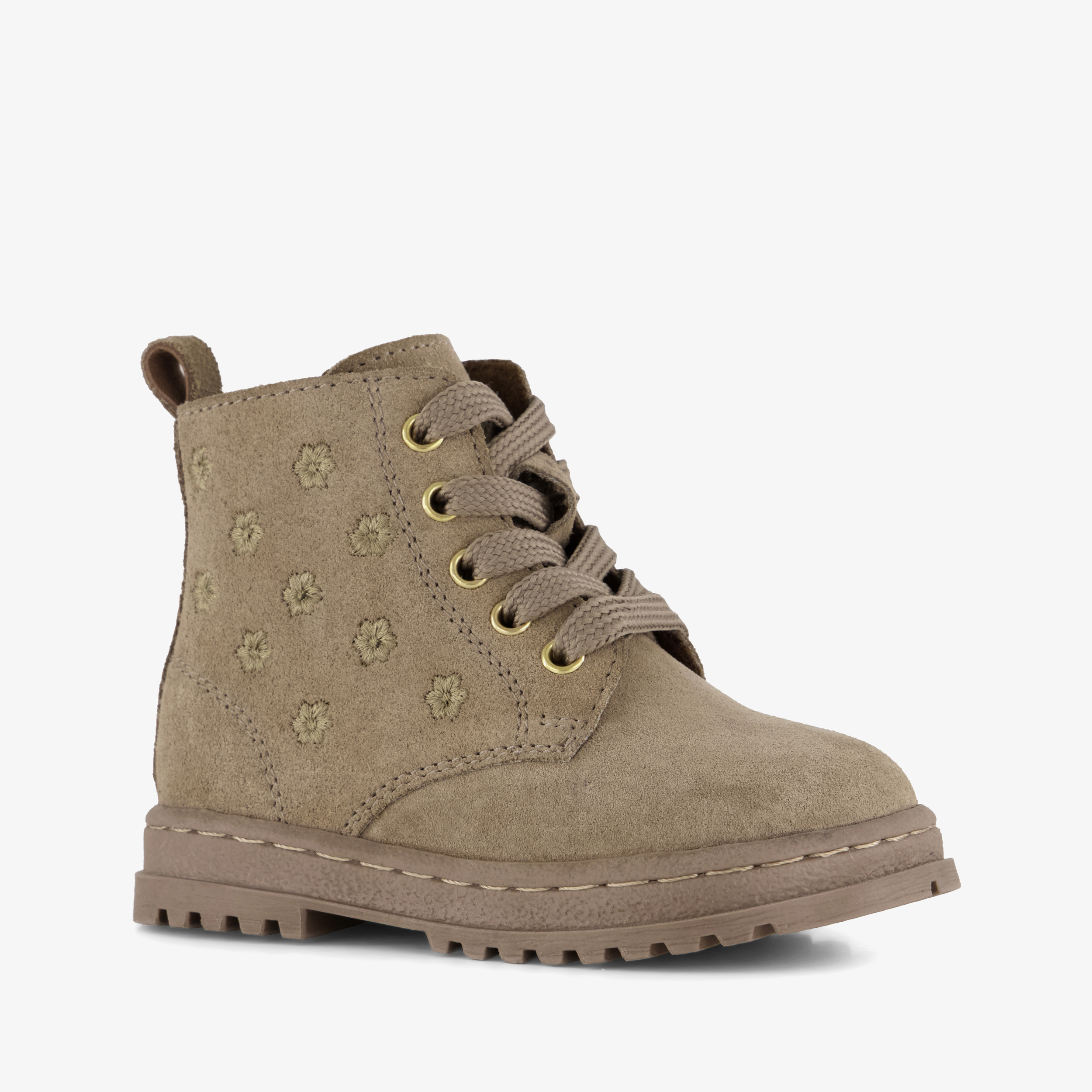 Groot suède meisjes veterboots met bloemetjes taupe