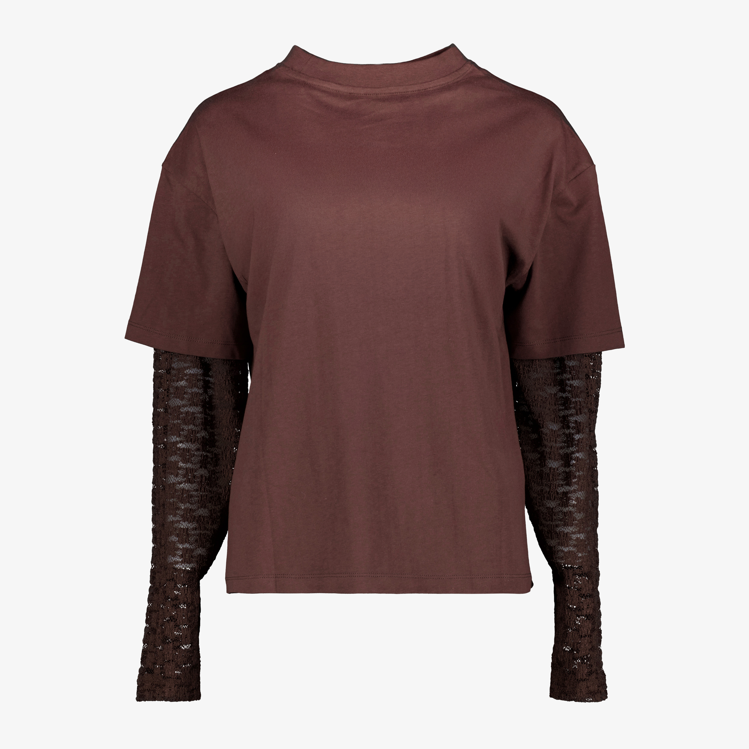TwoDay dames T-shirt met kanten mouwen donkerbruin t-shirts & tops