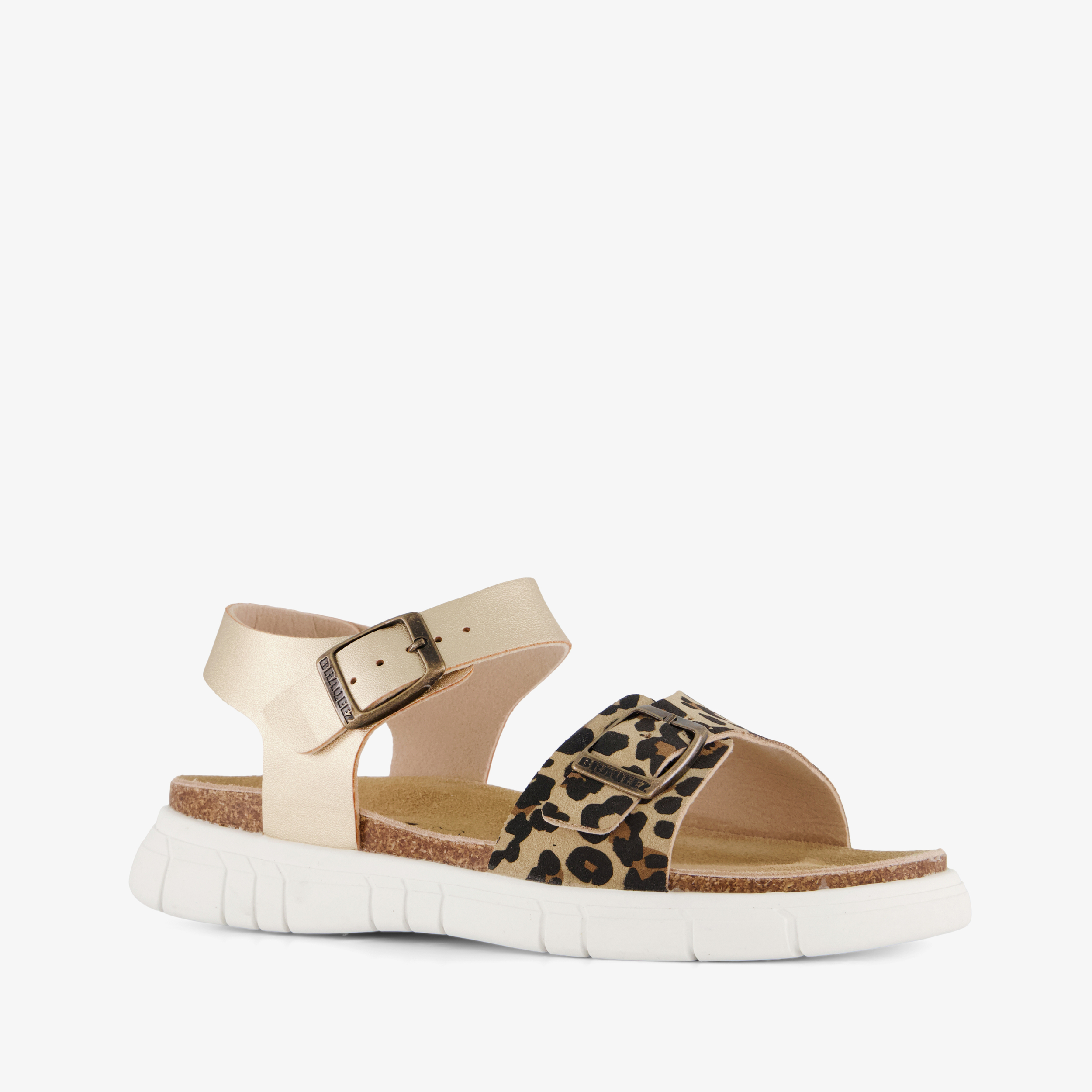 Braqeez leren meisjes sandalen panterprint goud