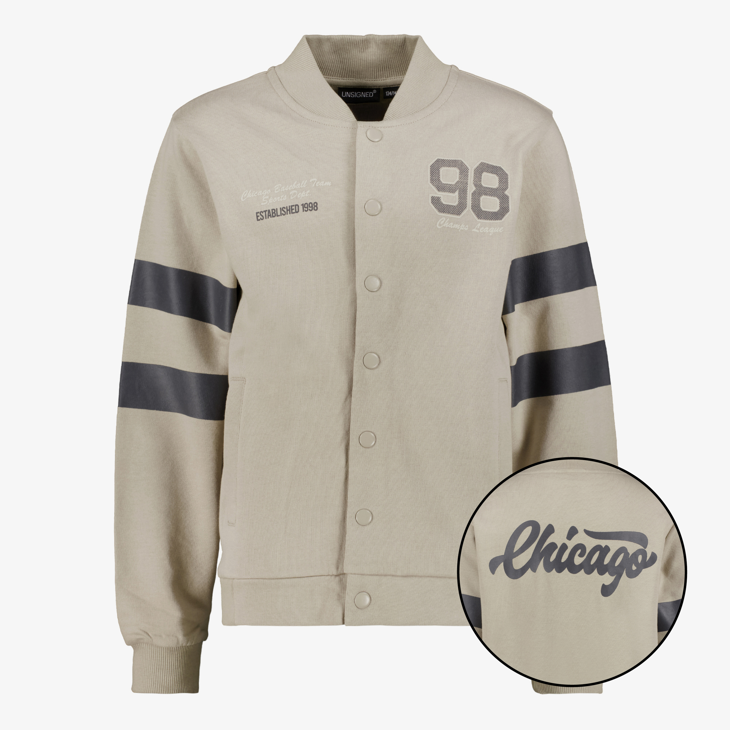 Unsigned jongens baseball vest met backprint beige truien & vesten