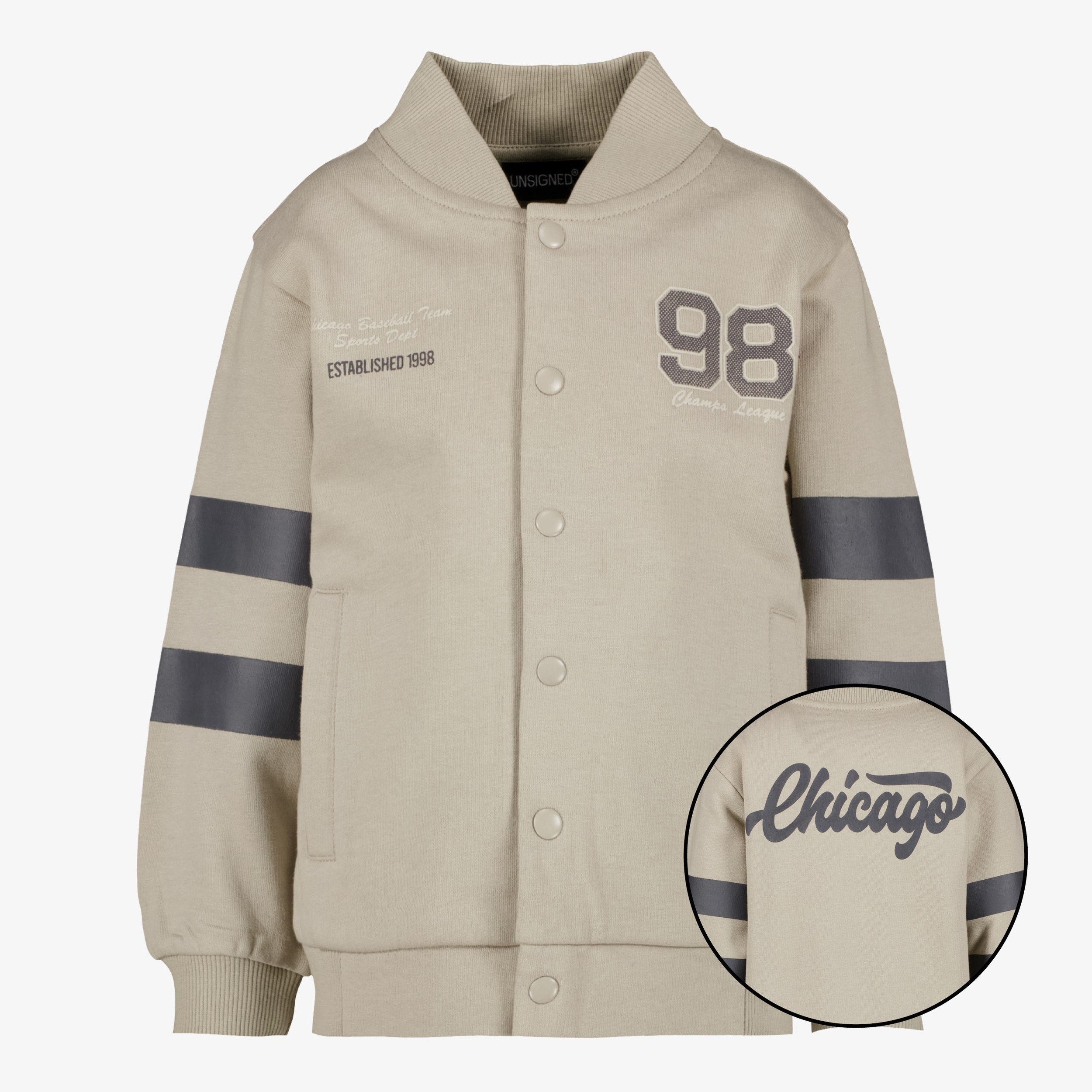 Unsigned jongens baseball vest met backprint beige truien & vesten