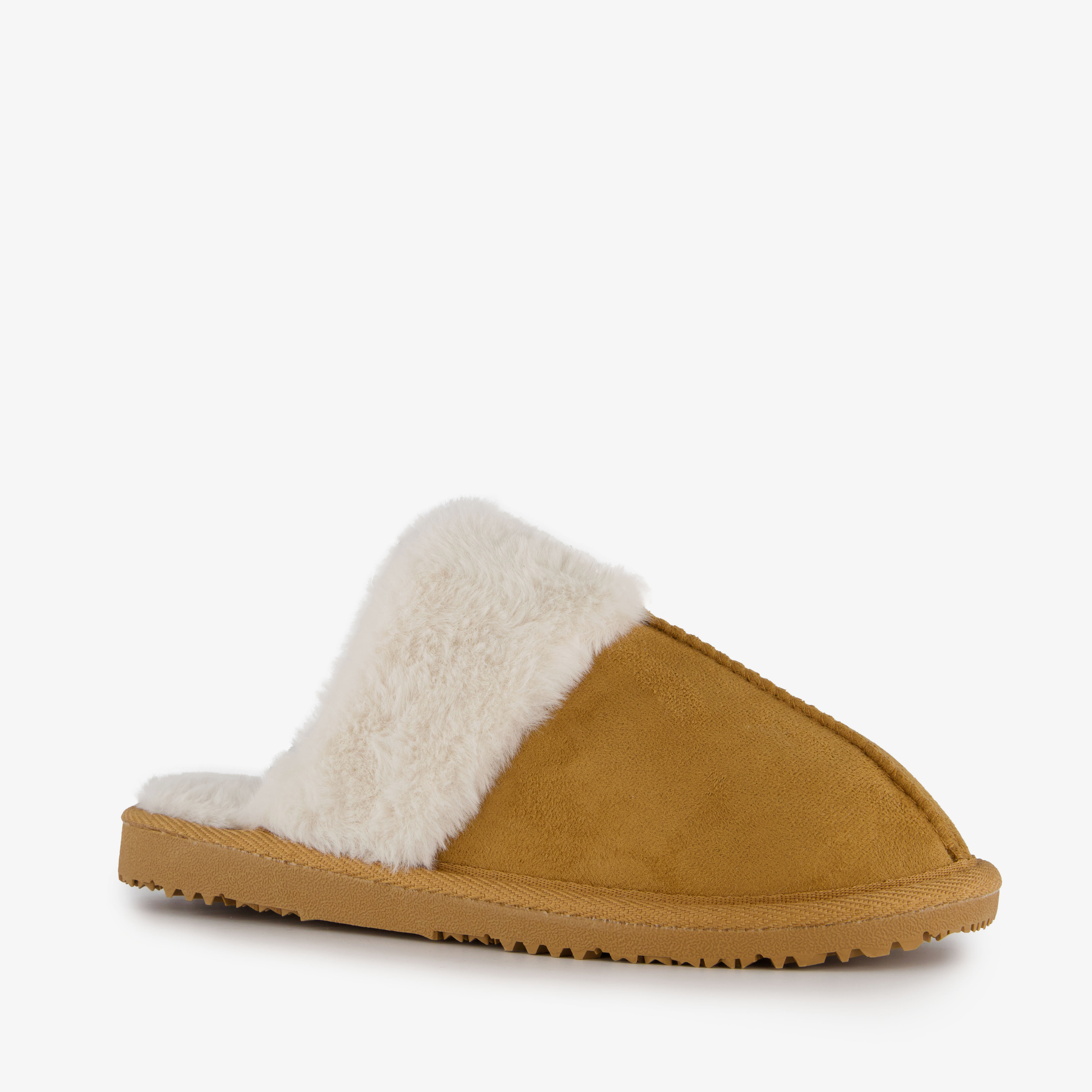 Thu!s dames instap pantoffels met imitatiebont bruin