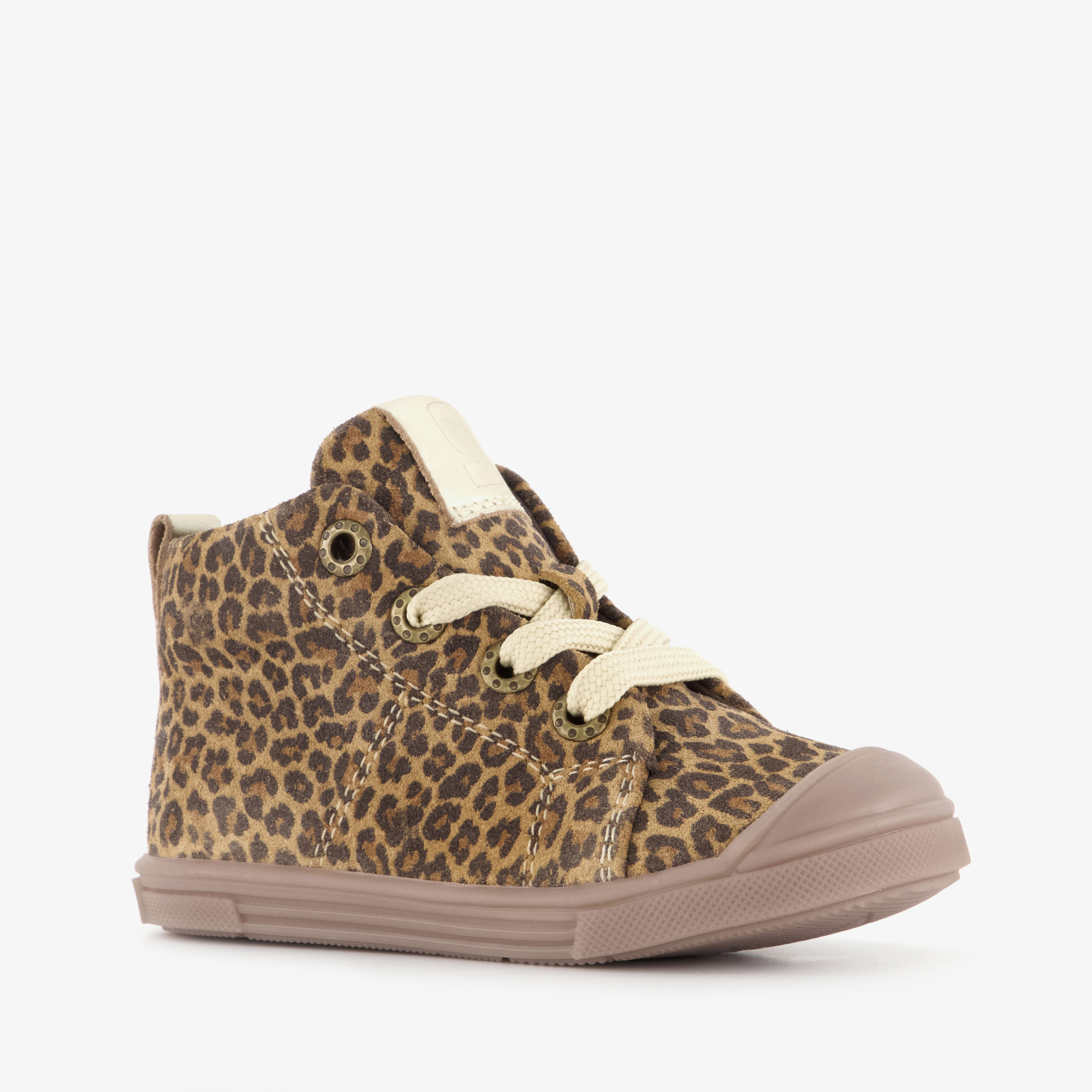 Groot suede meisjes veterboots met panterprint bruin