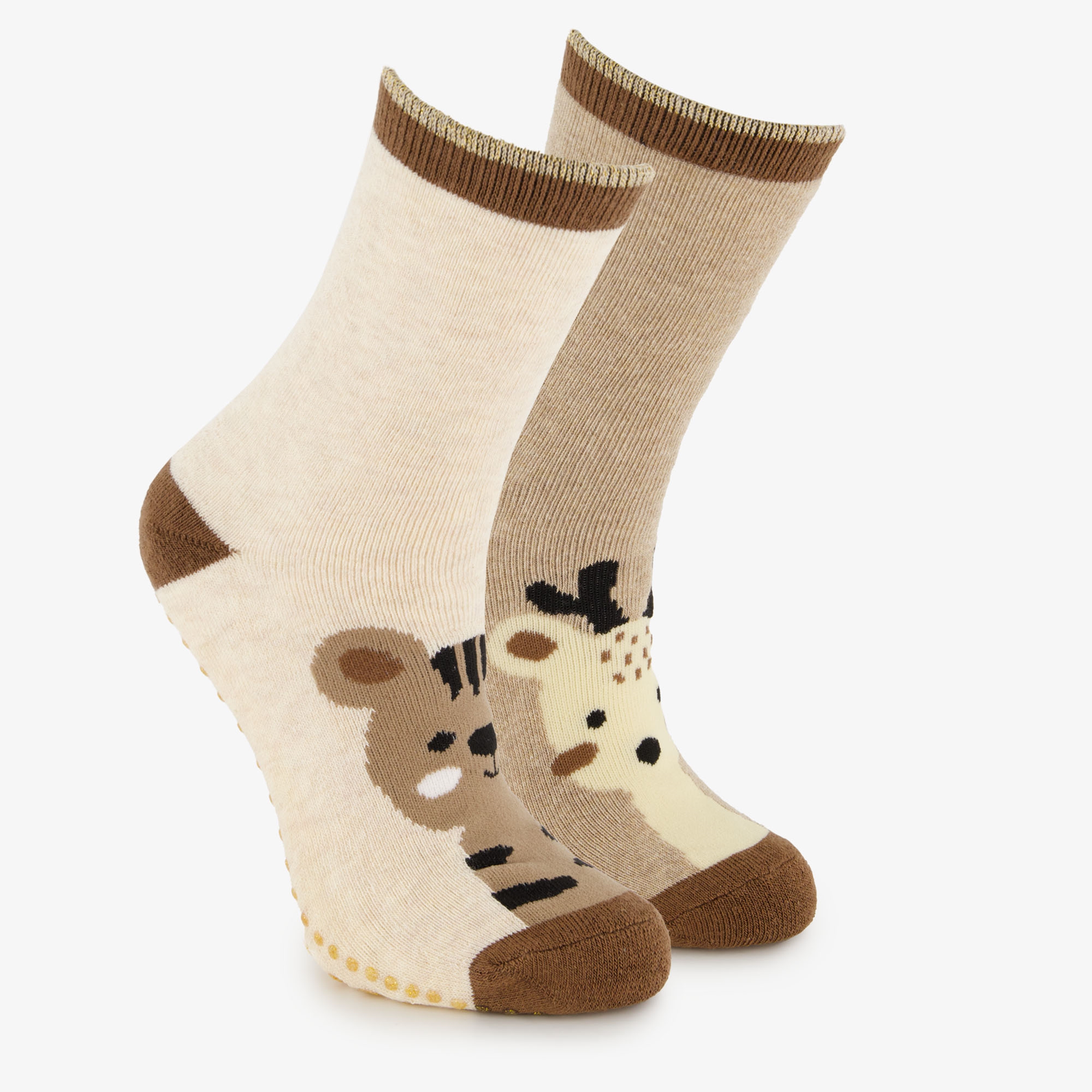 2 paar kinder antislip sokken met dieren bruin