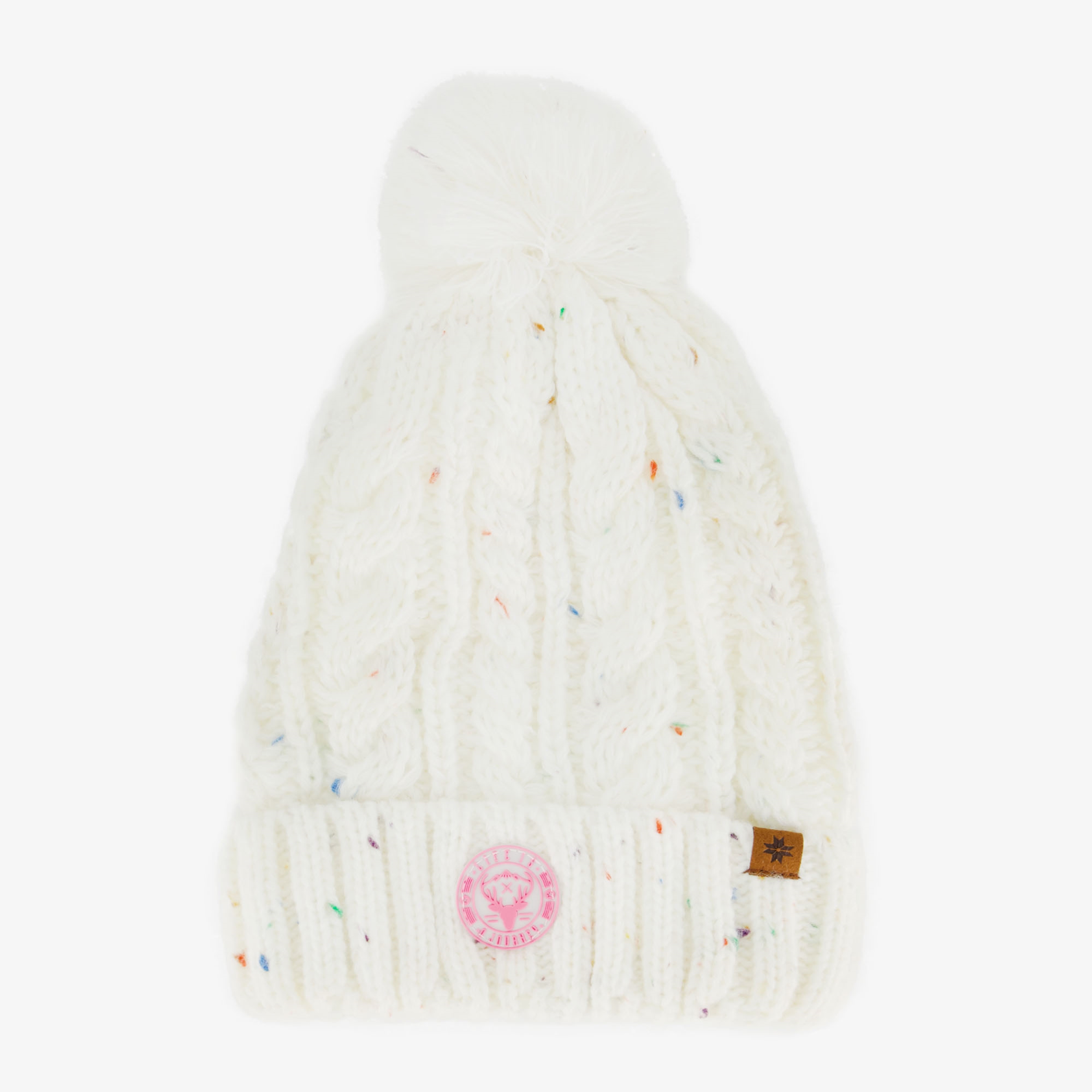 Gebreide meisjes muts met pompon wit