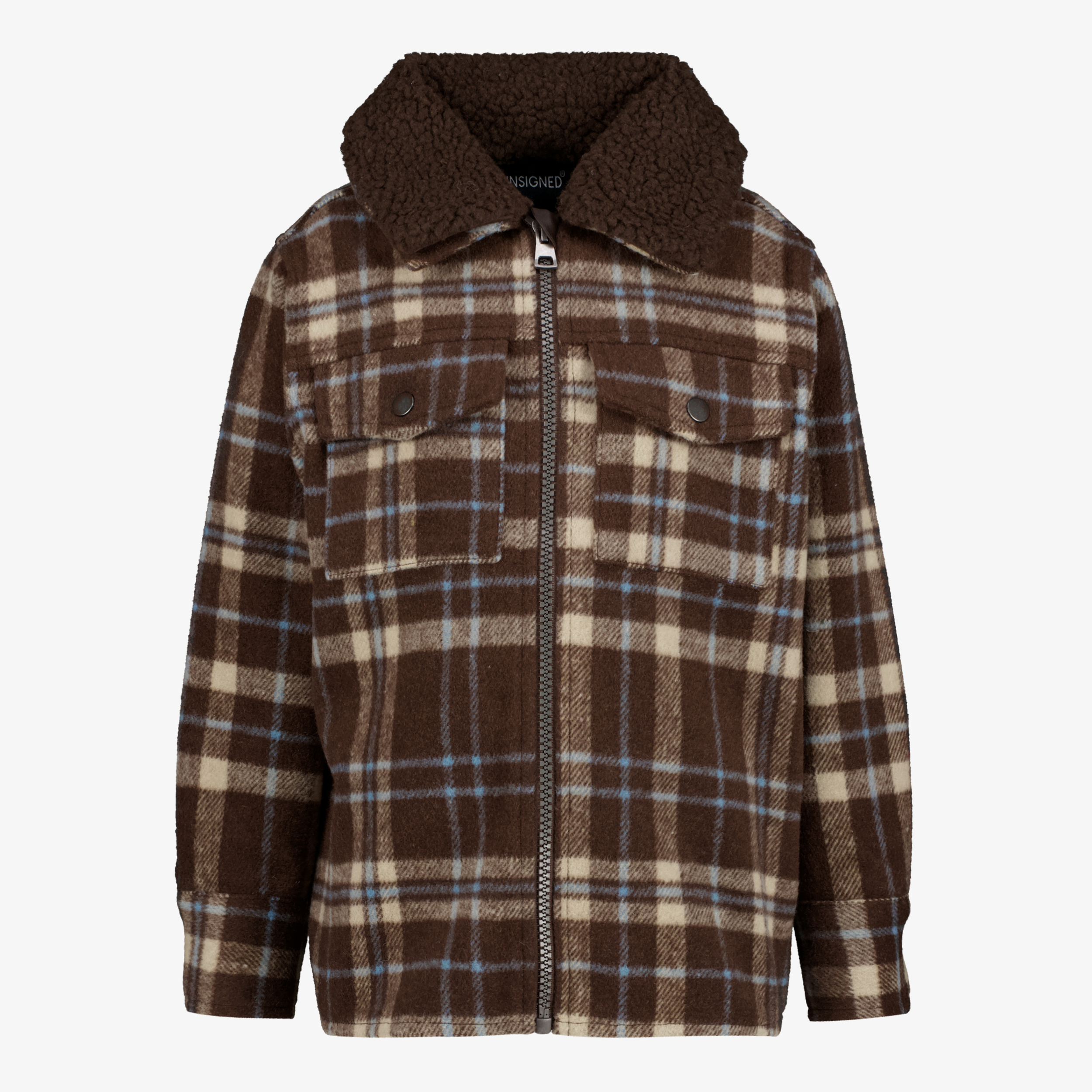 Unsigned geruite jongens shacket met teddy kraag bruin vestenzomerjassen