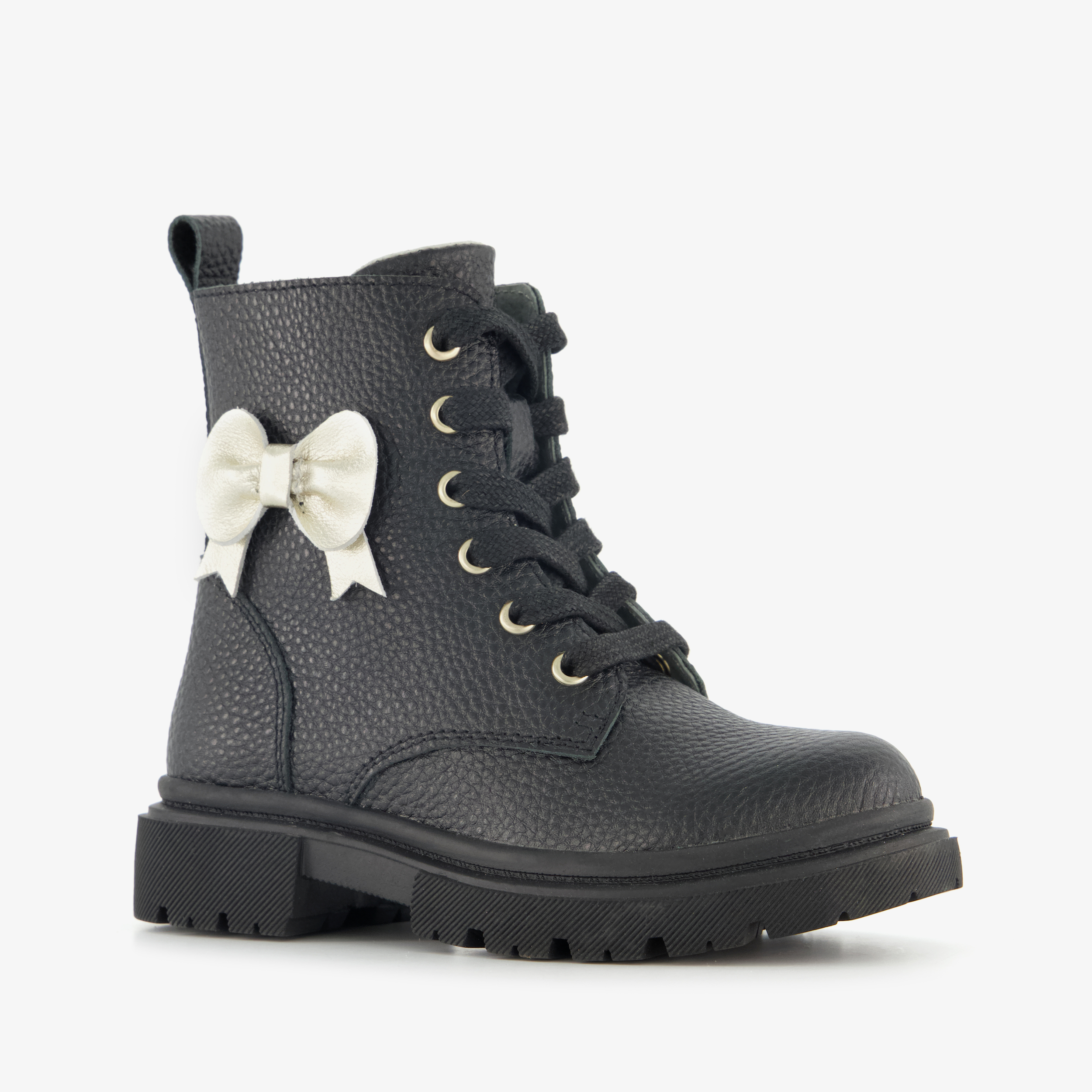 Stap leren meisjes veterboots met strik zwart
