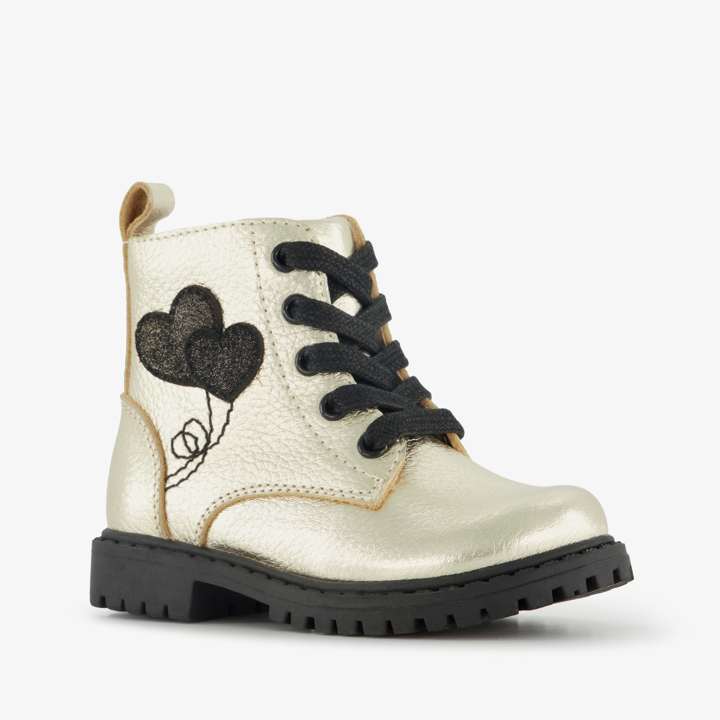Stap leren meisjes veterboots met hartjes goud zwart