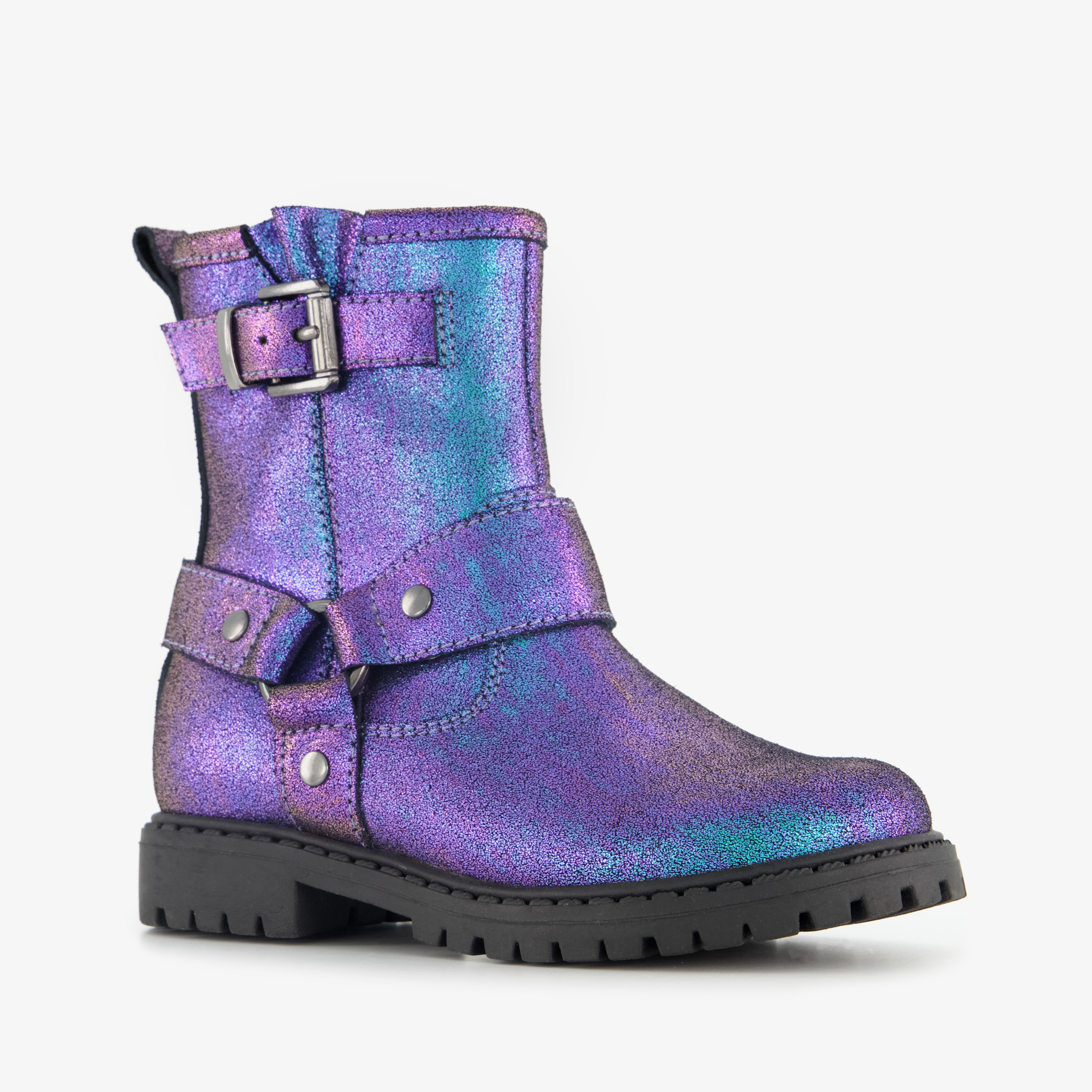 Stap leren meisjes biker boots met glitters paars