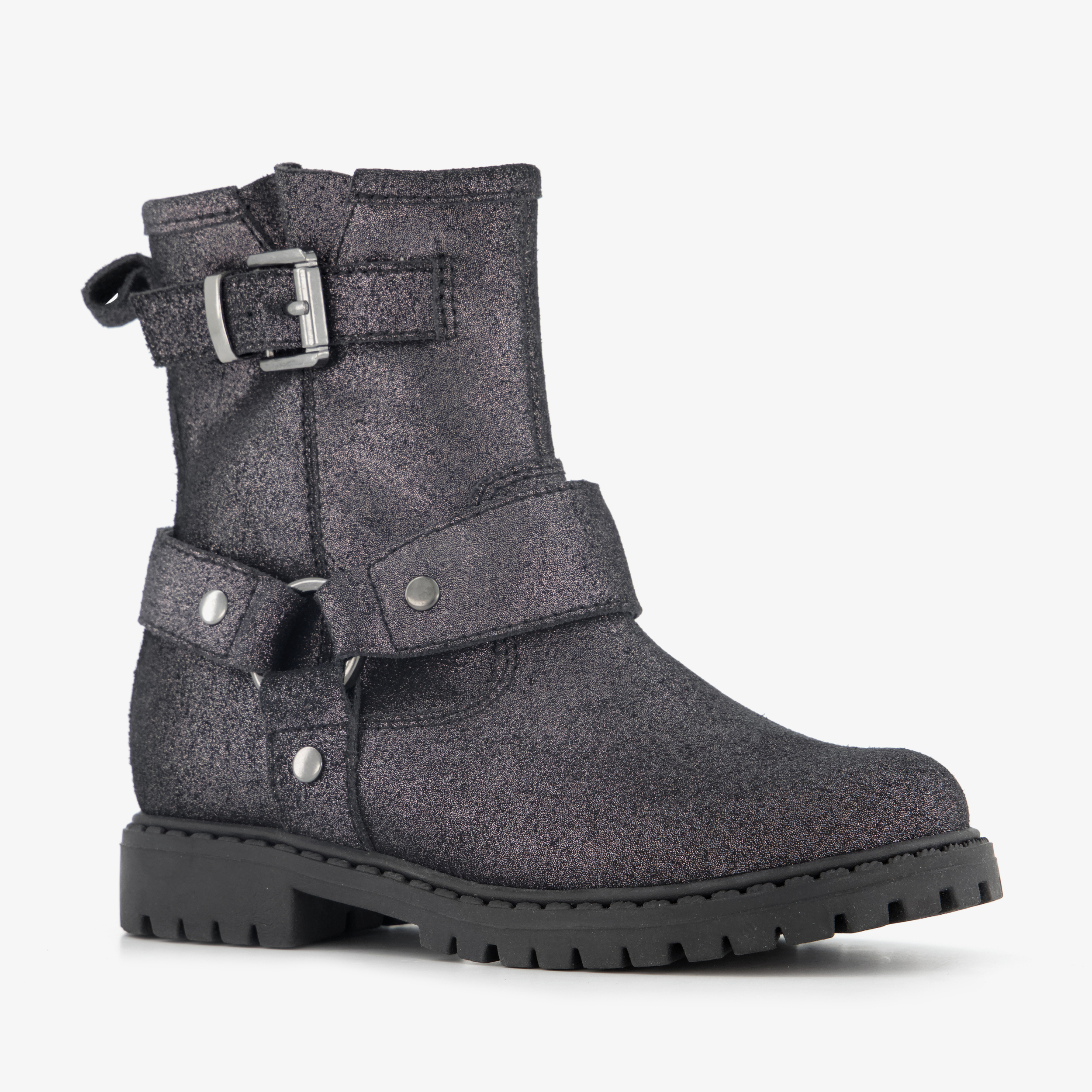 Stap leren meisjes biker boots met glitters zwart enkellaarzen