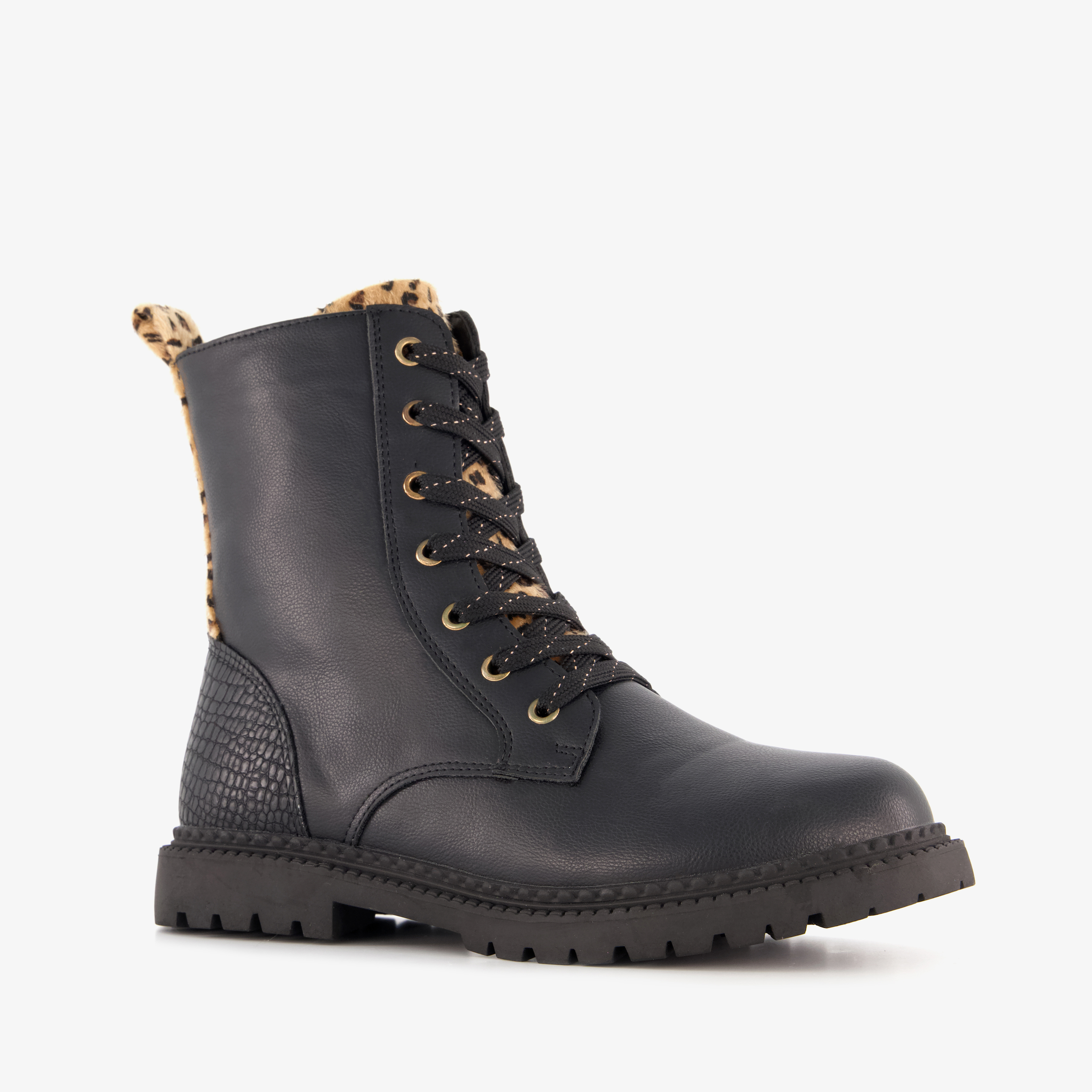 Blue Box meisjes veterboots met luipaard details zwart