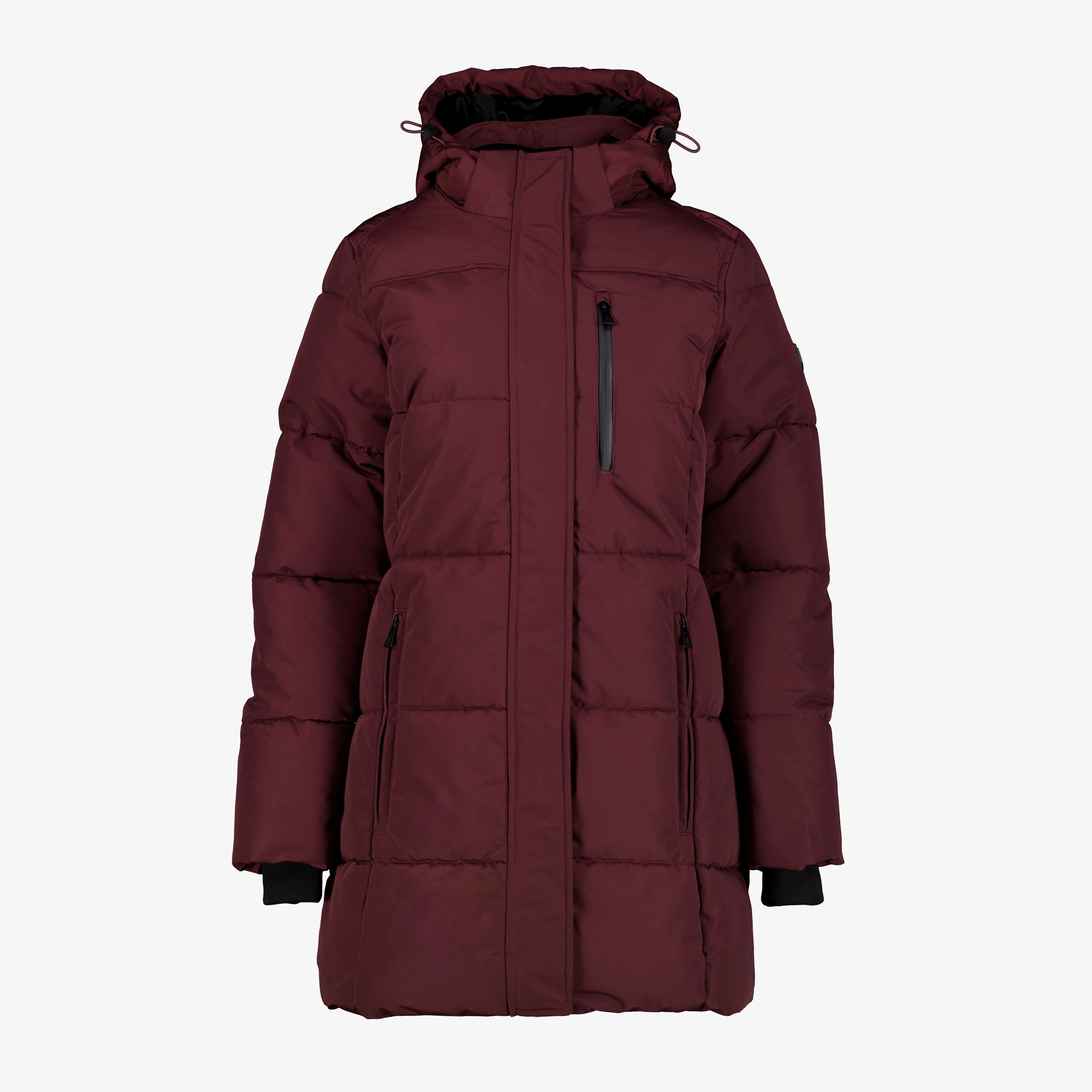 Kjelvik lange dames winterjas gewatteerd bordeauxrood jassen