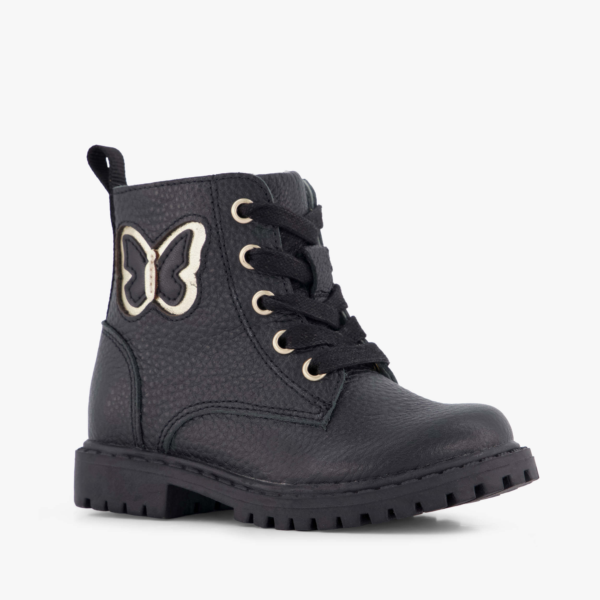 Stap leren meisjes veterboots met vlinder zwart