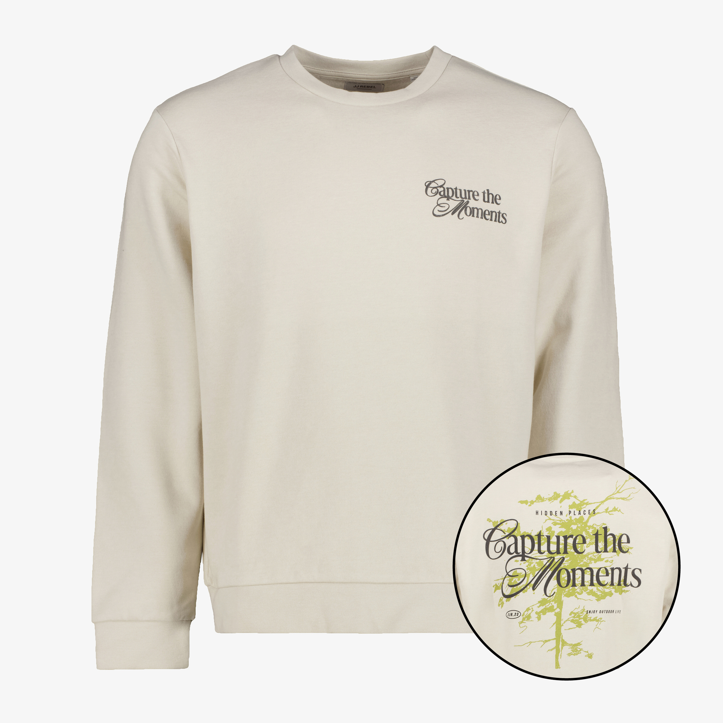 JJ REBEL heren sweater met backprint beige truien & vesten