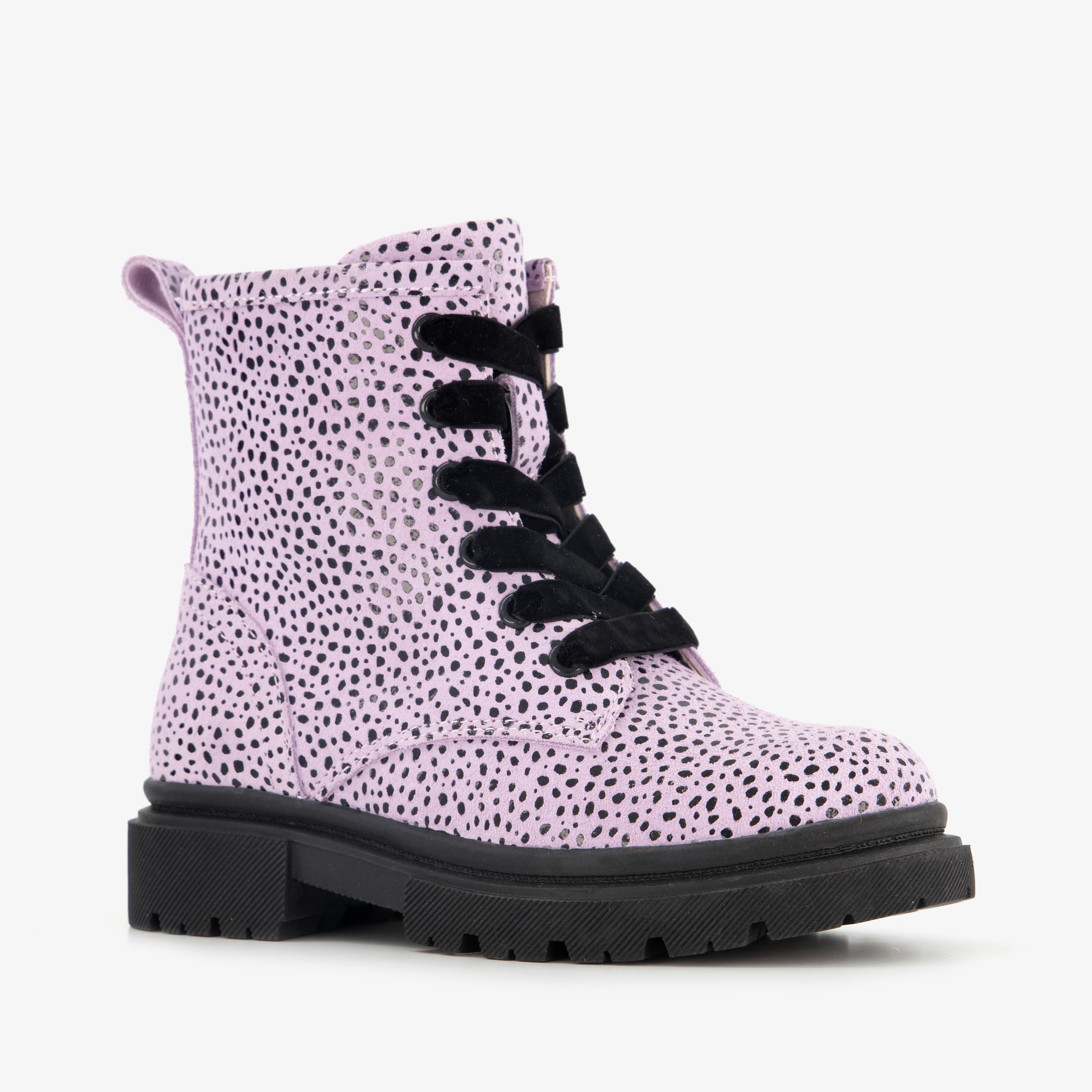 Stap leren meisjes veterboots roze met zwarte stipjes
