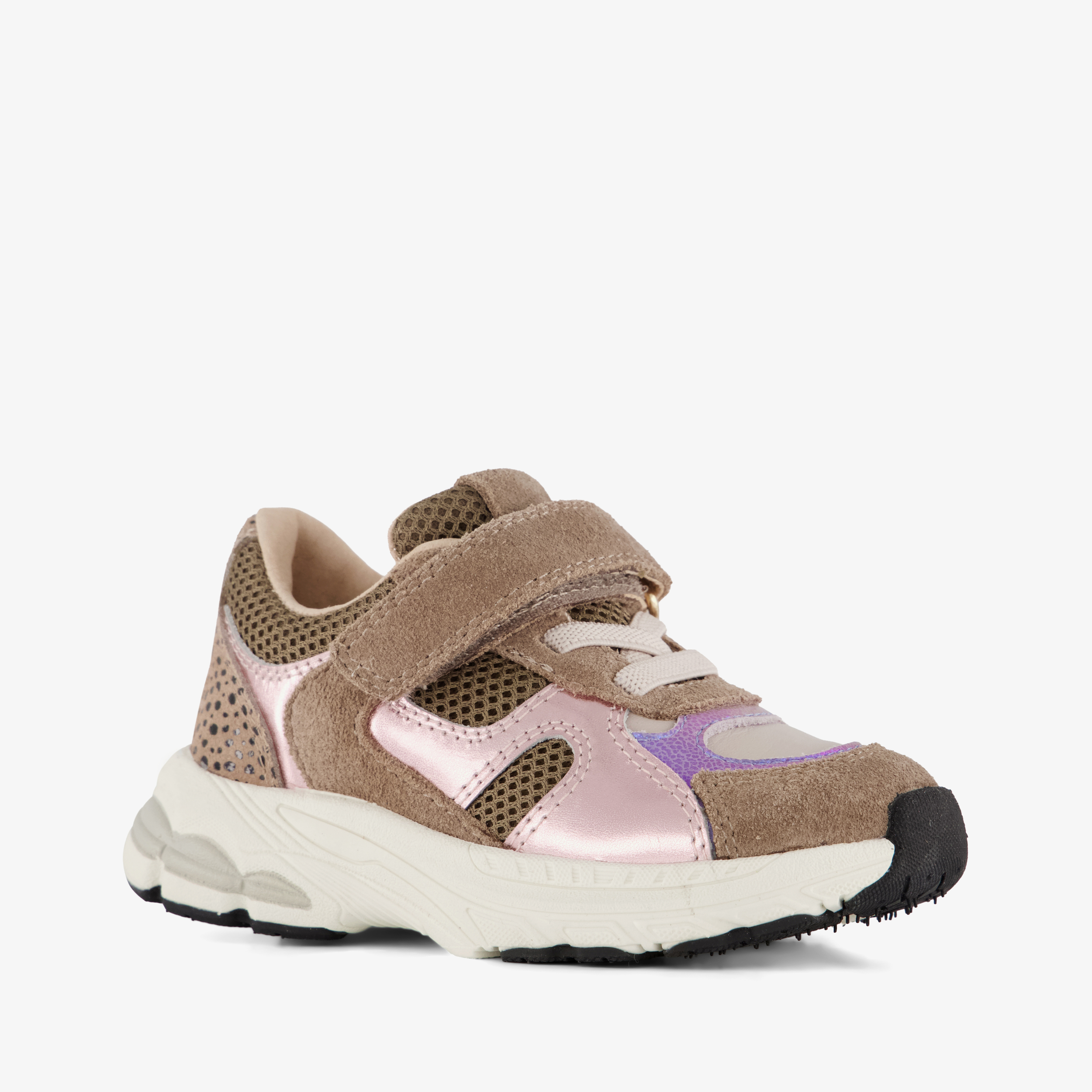 Stap leren meisjes sneakers met metallic details bruin