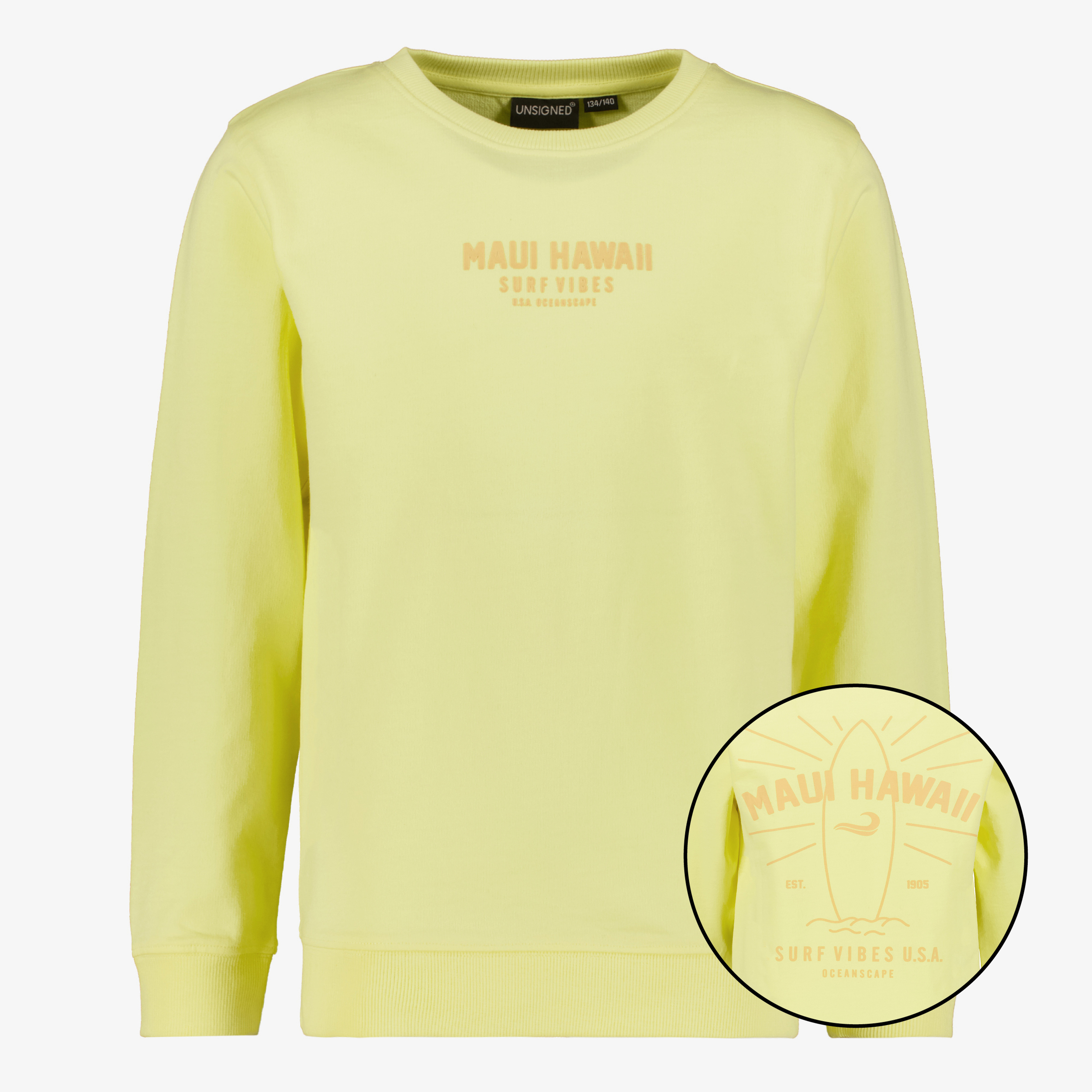 Unsigned jongens sweater met backprint geel