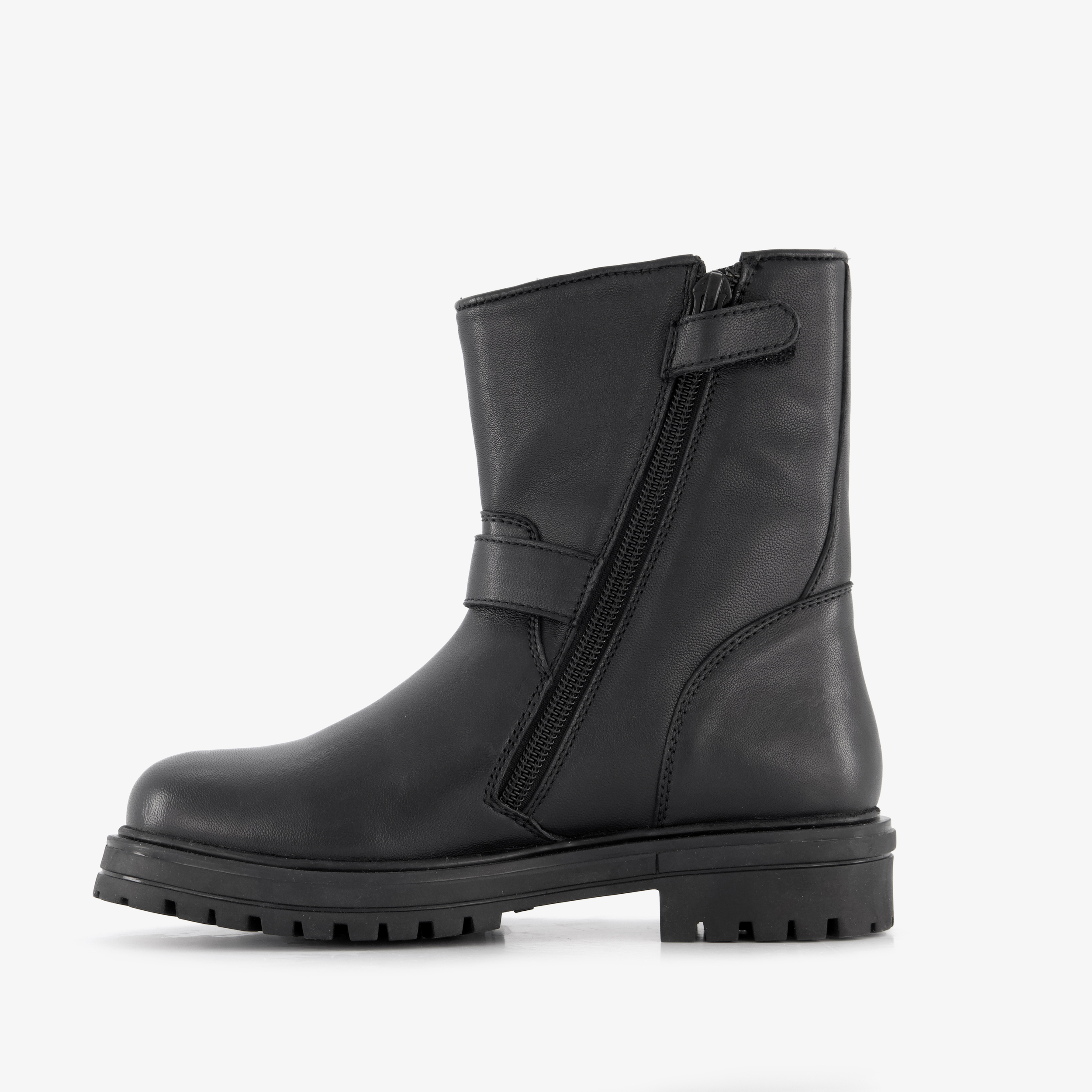 Groot leren meisjes biker boots met gespen zwart
