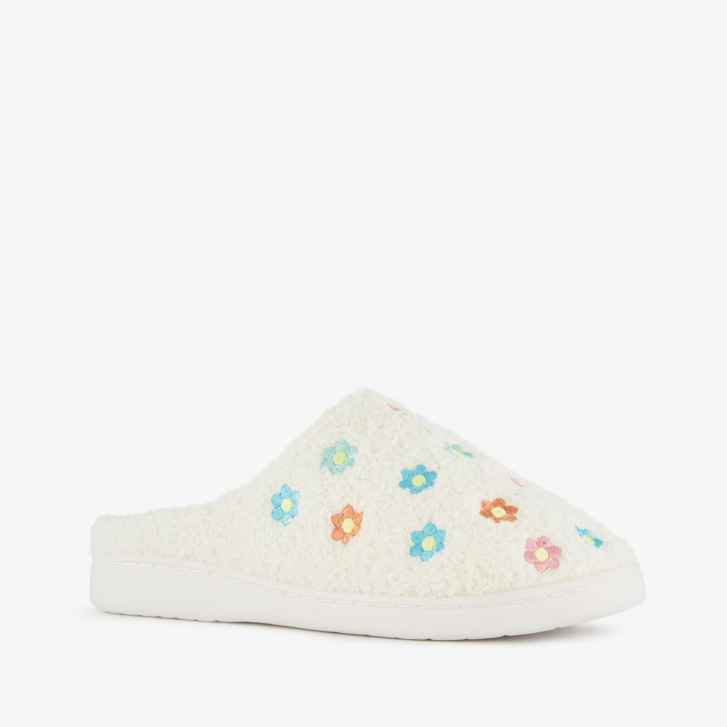 Thu!s dames teddy instap pantoffels met bloemen beige