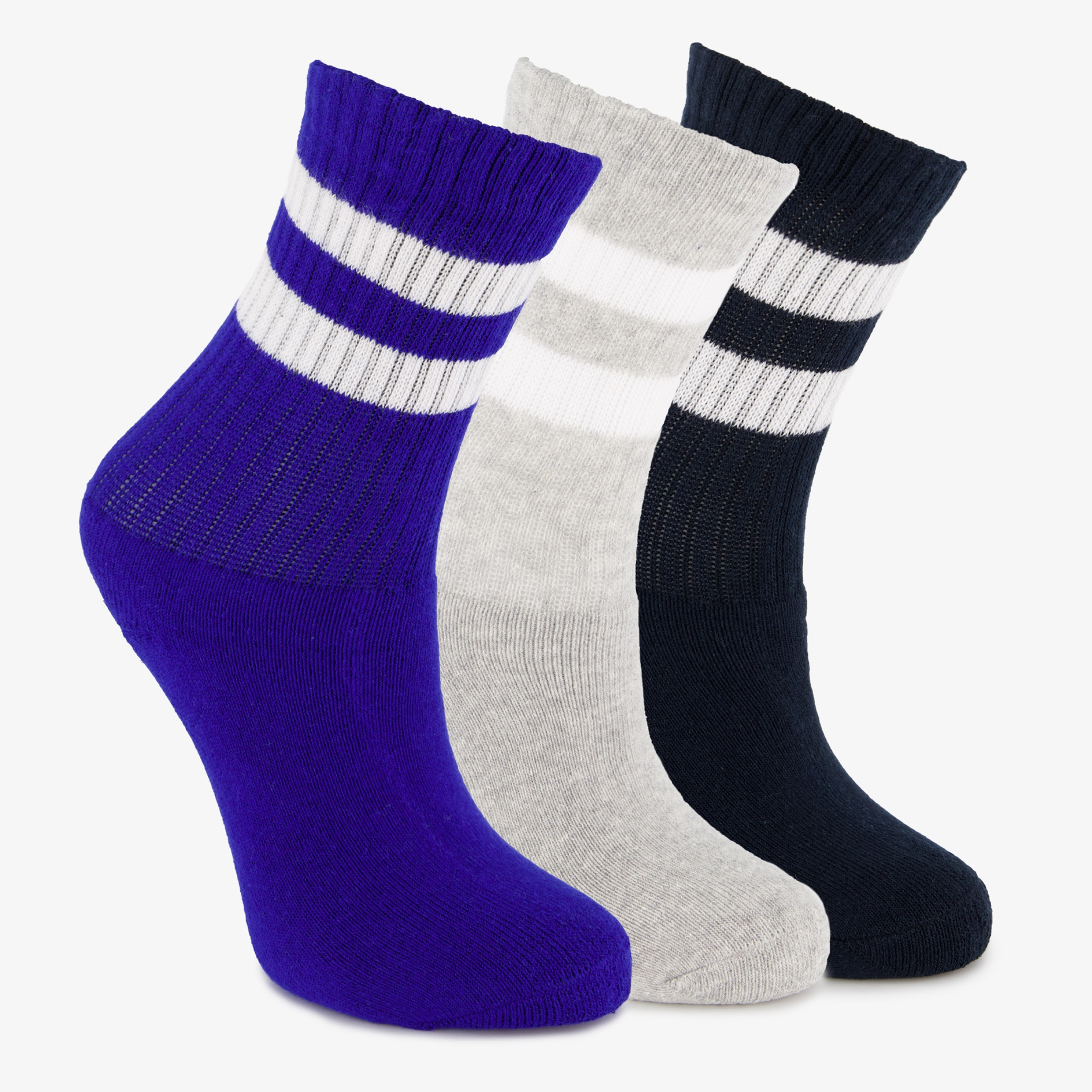 3 paar kindersokken met streepje blauw grijs zwart