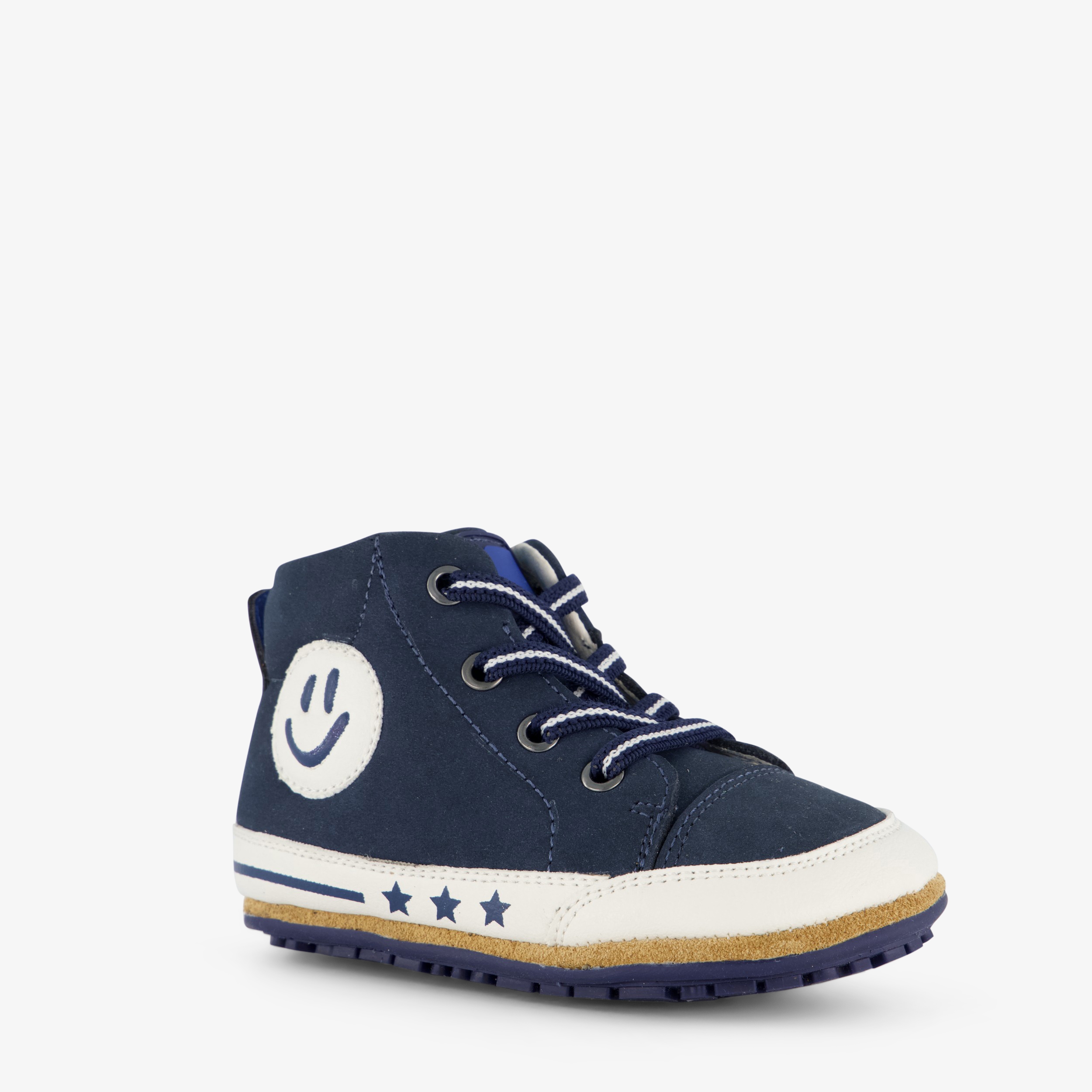Groot leren babyschoenen blauw met smiley
