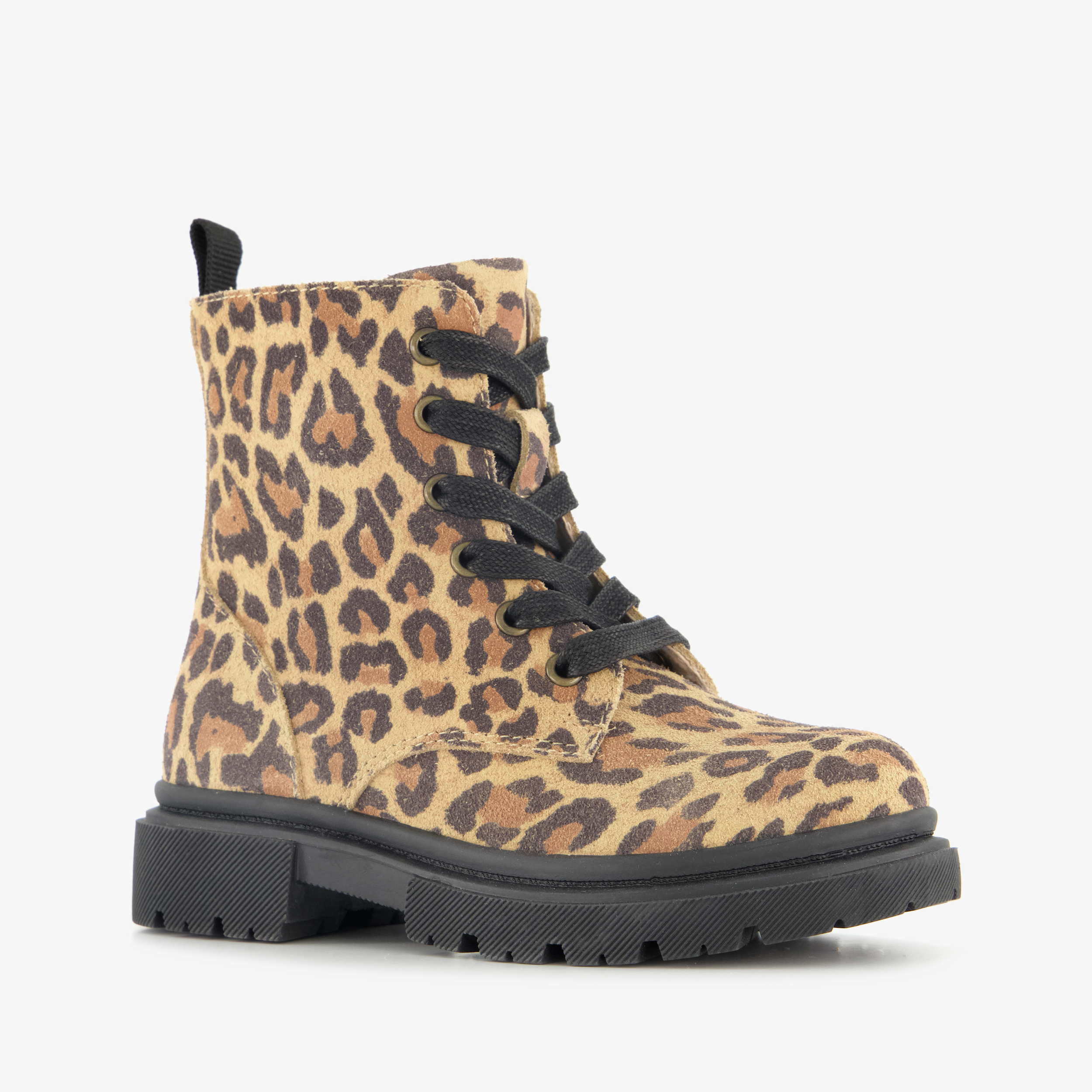 Stap suède meisjes veterboots met panterprint bruin