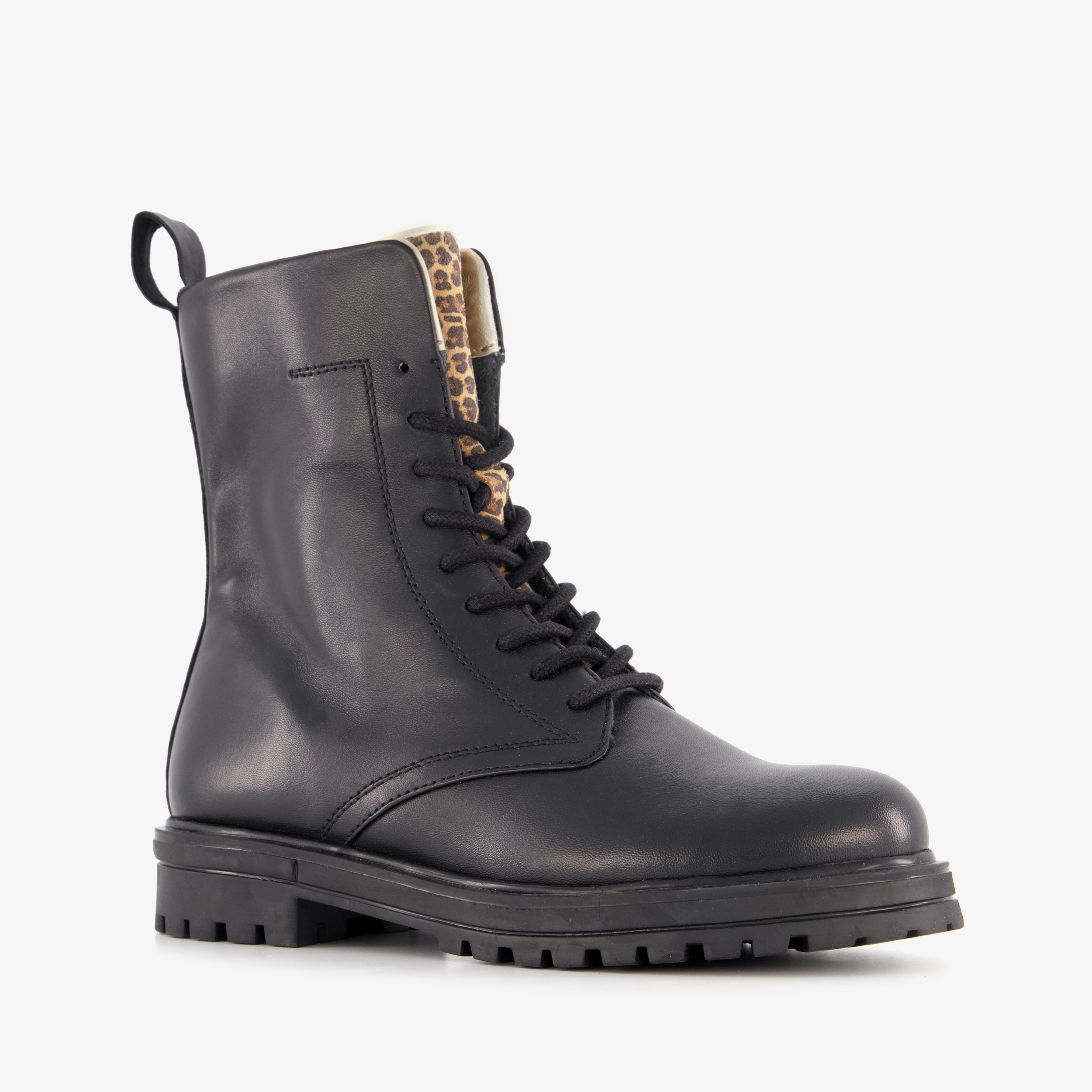 Groot leren meisjes veterboots met luipaard details zwart