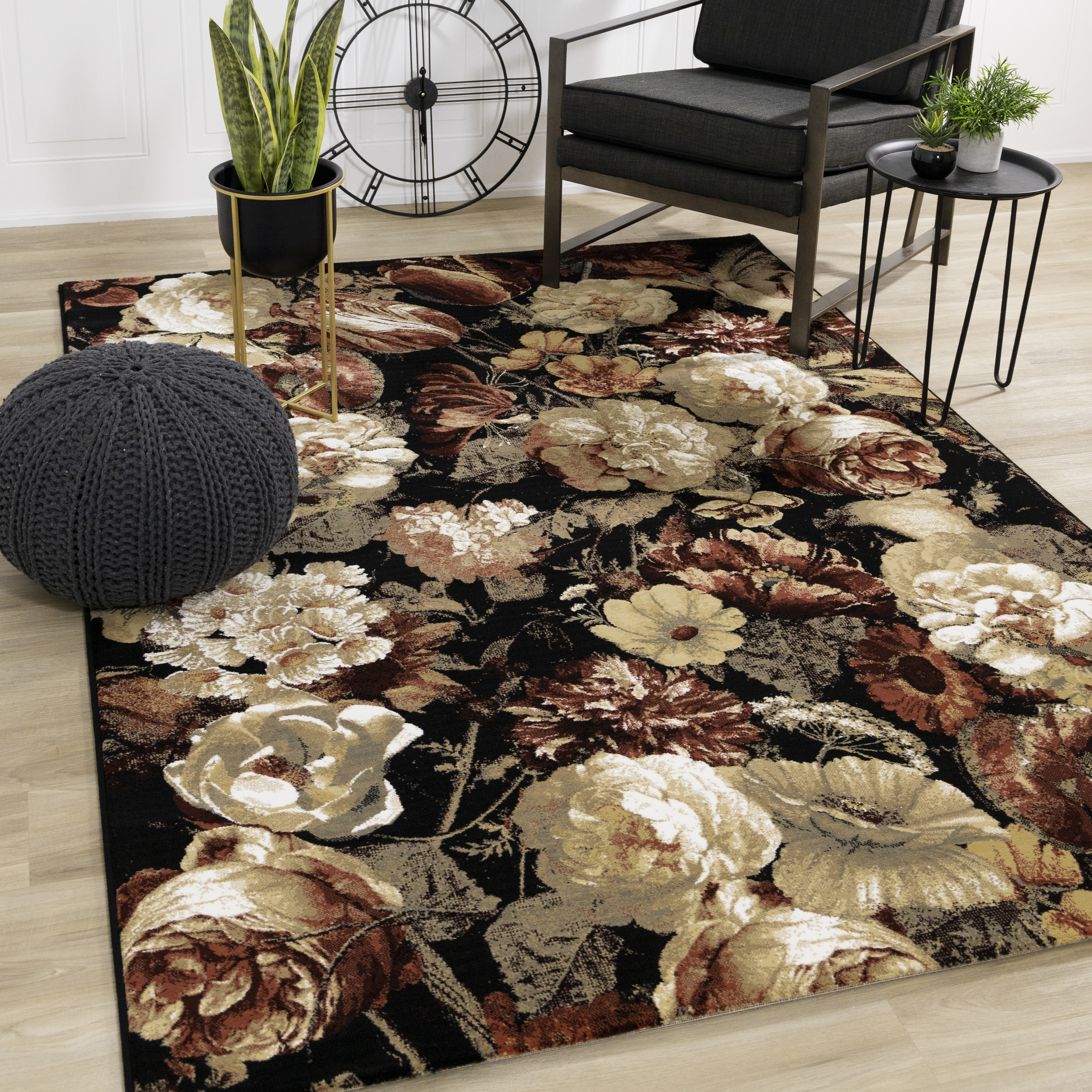 Claro Black Gold Red Floral Rug, 5'3" x 7'7"