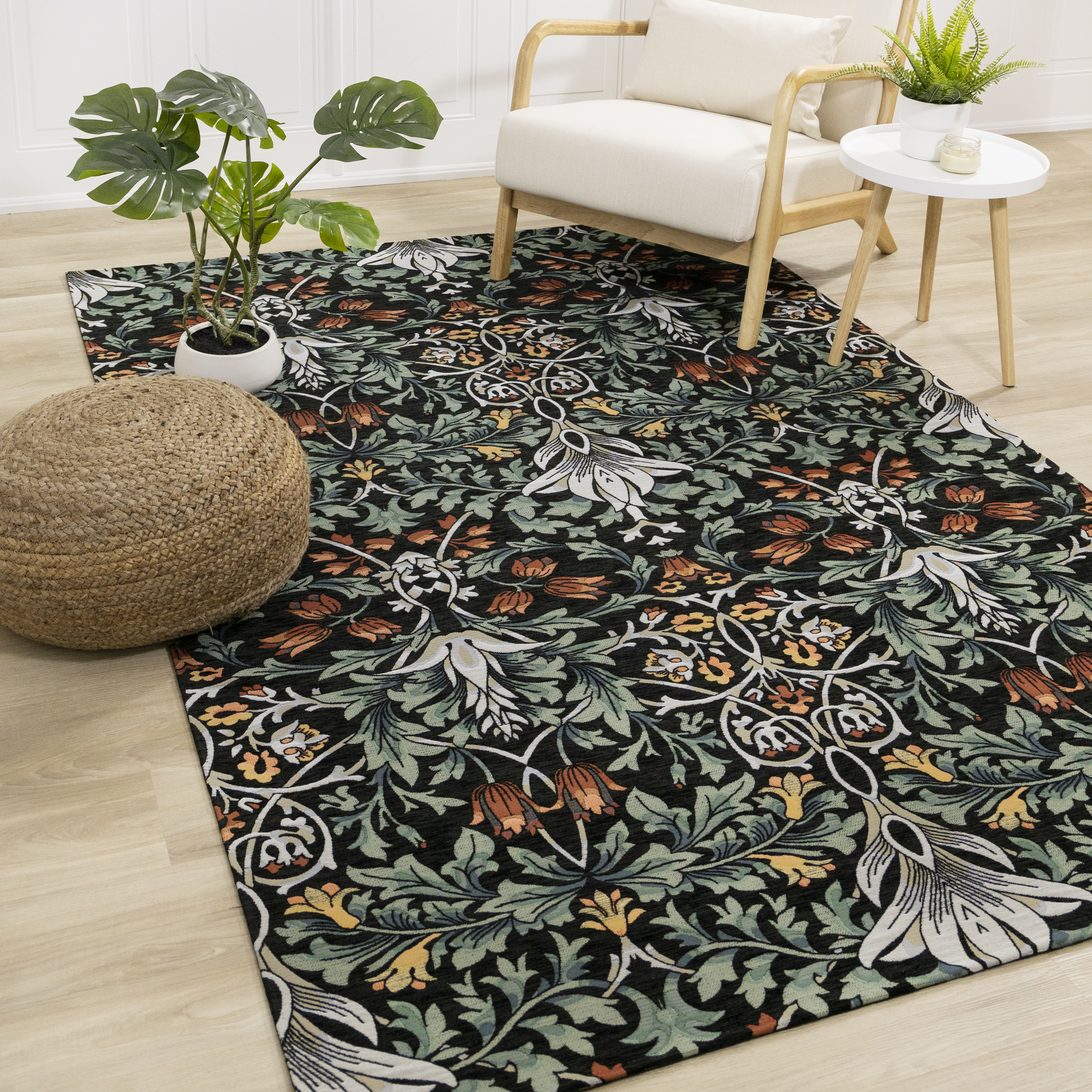 Cathedral Green Black Red Grey Yellow Symmetrical Floral Print Rug, 5'1" x 7'7"