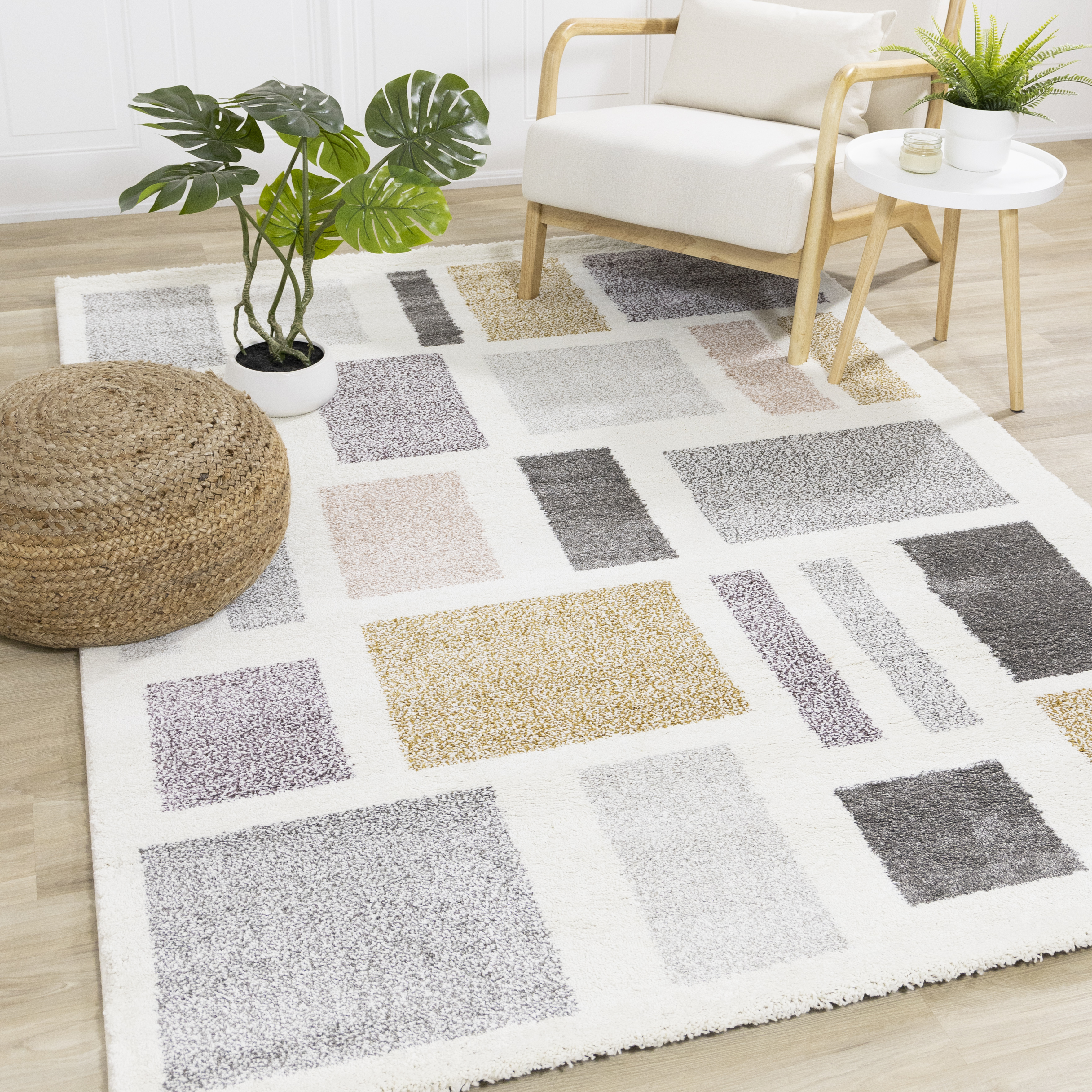 Sable Cream Purple Yellow Blocks Rug, 2'8" x 4'11"