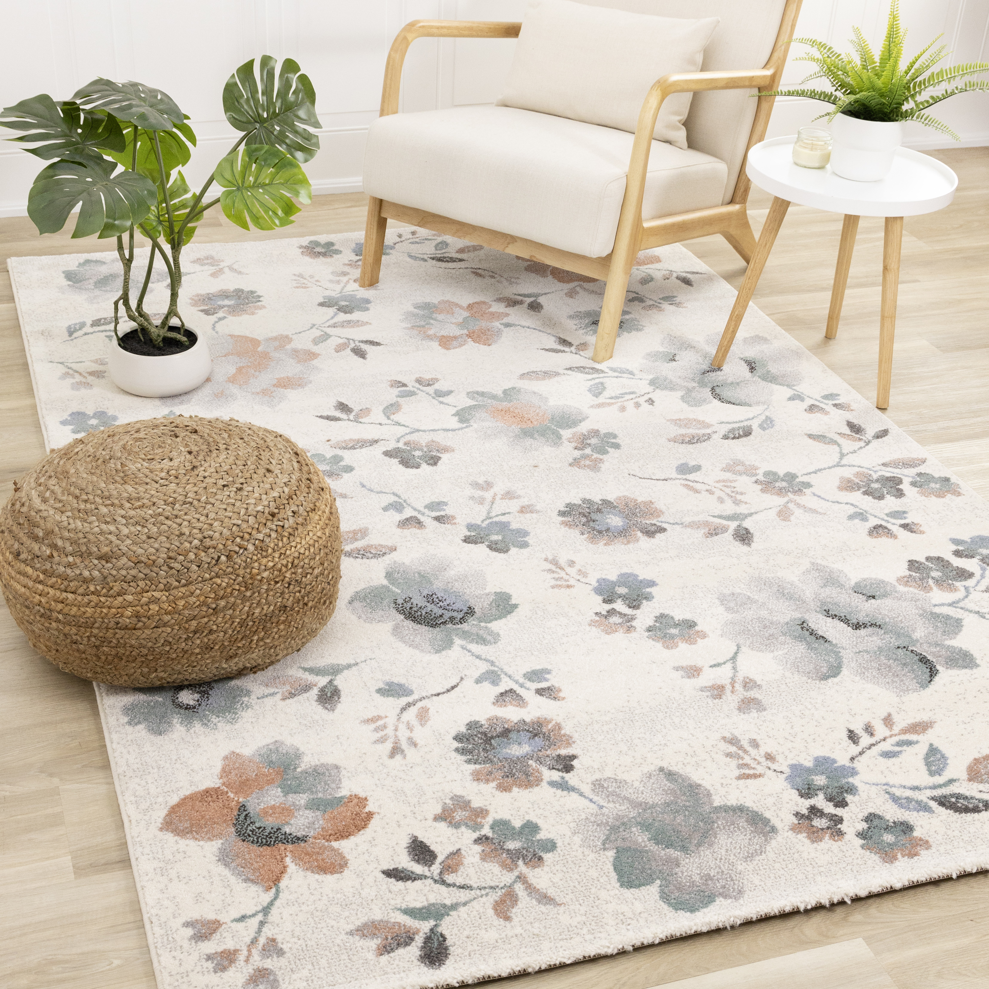 Safi Cream Grey Orange Floral Toile Rug, 2'8" x 4'11"