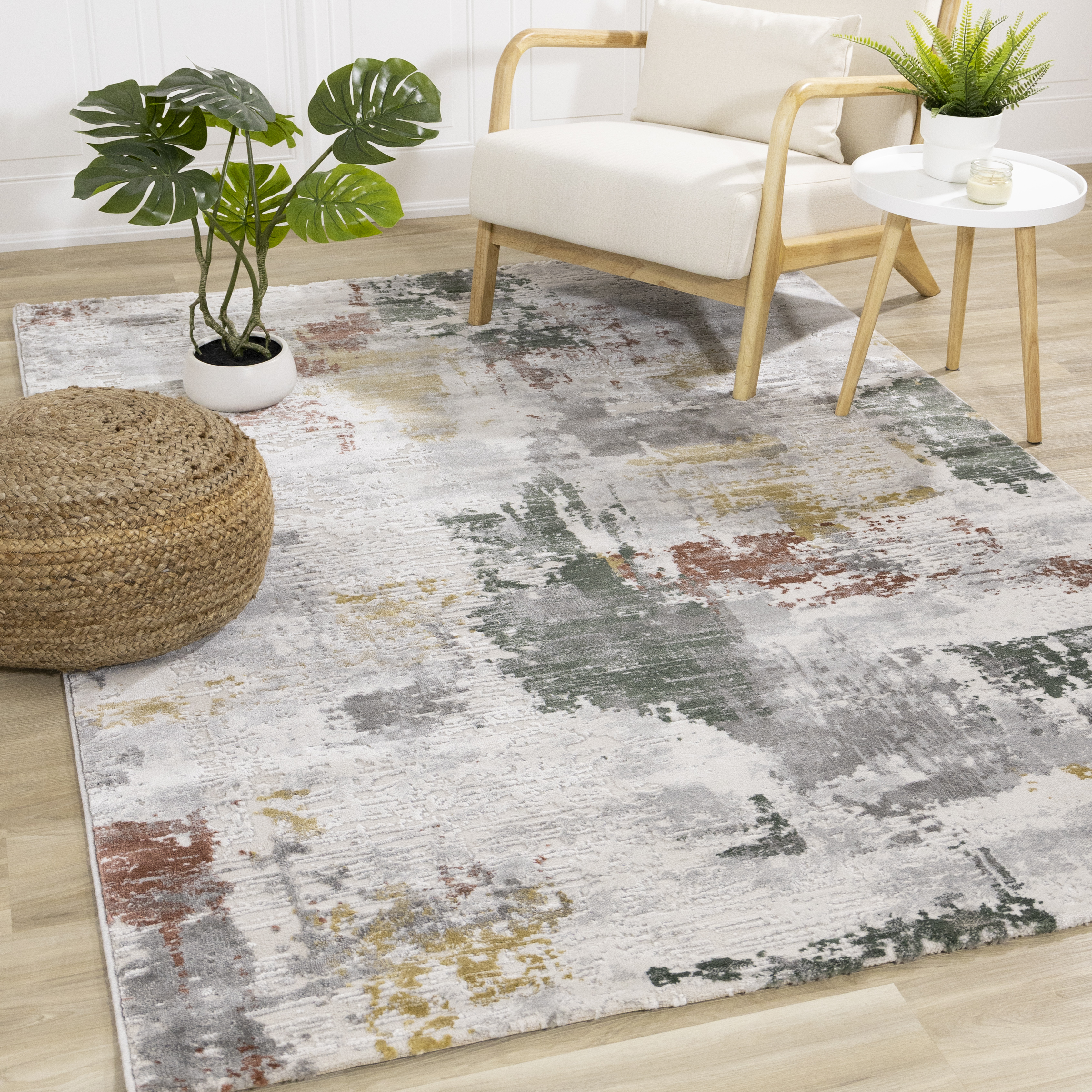 Luca Grey White Red Yellow Green Abstract Design Rug, 2'8" x 4'3"