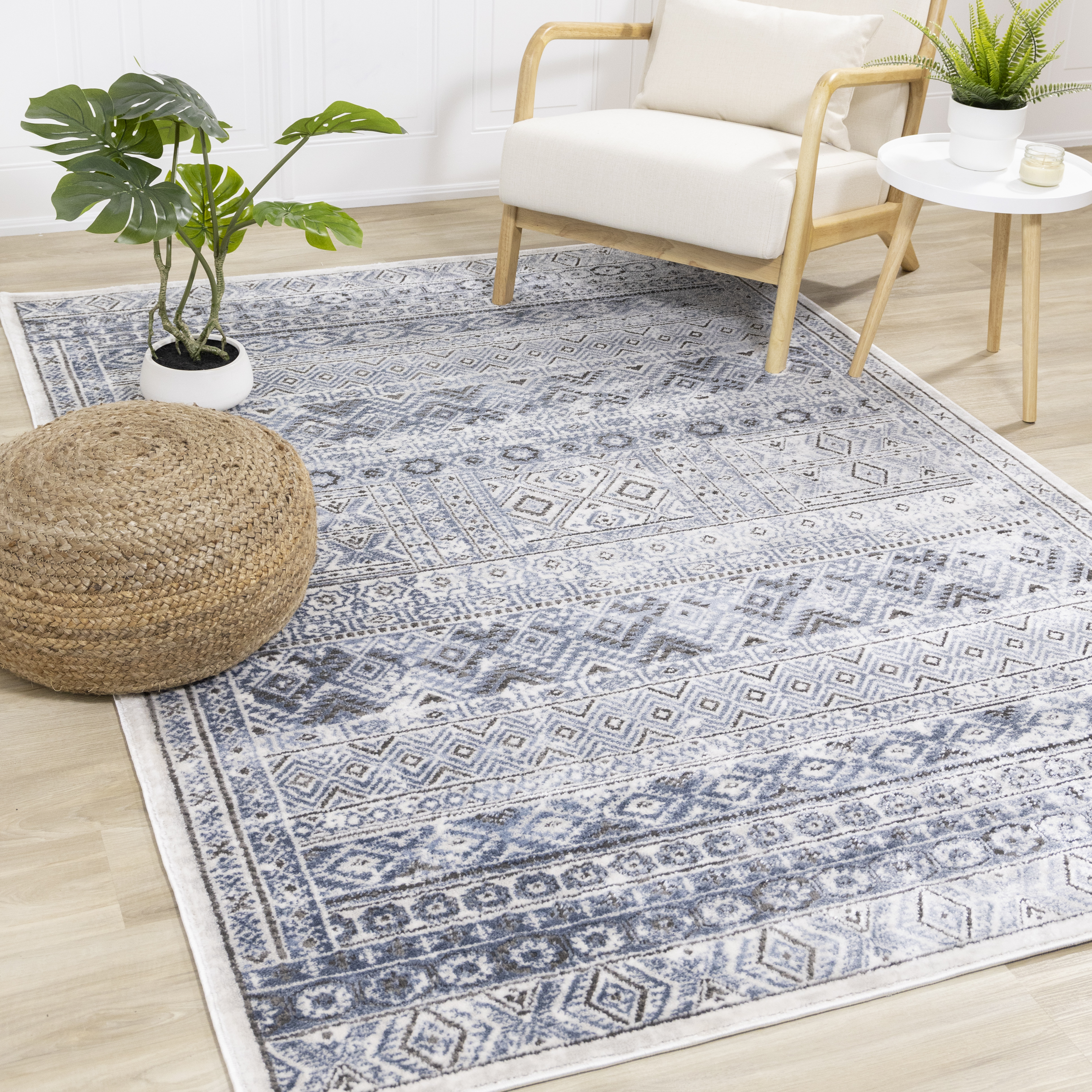 Darcy Blue Grey Cream Iridescent Tribal Rug, 5'3" x 7'7"