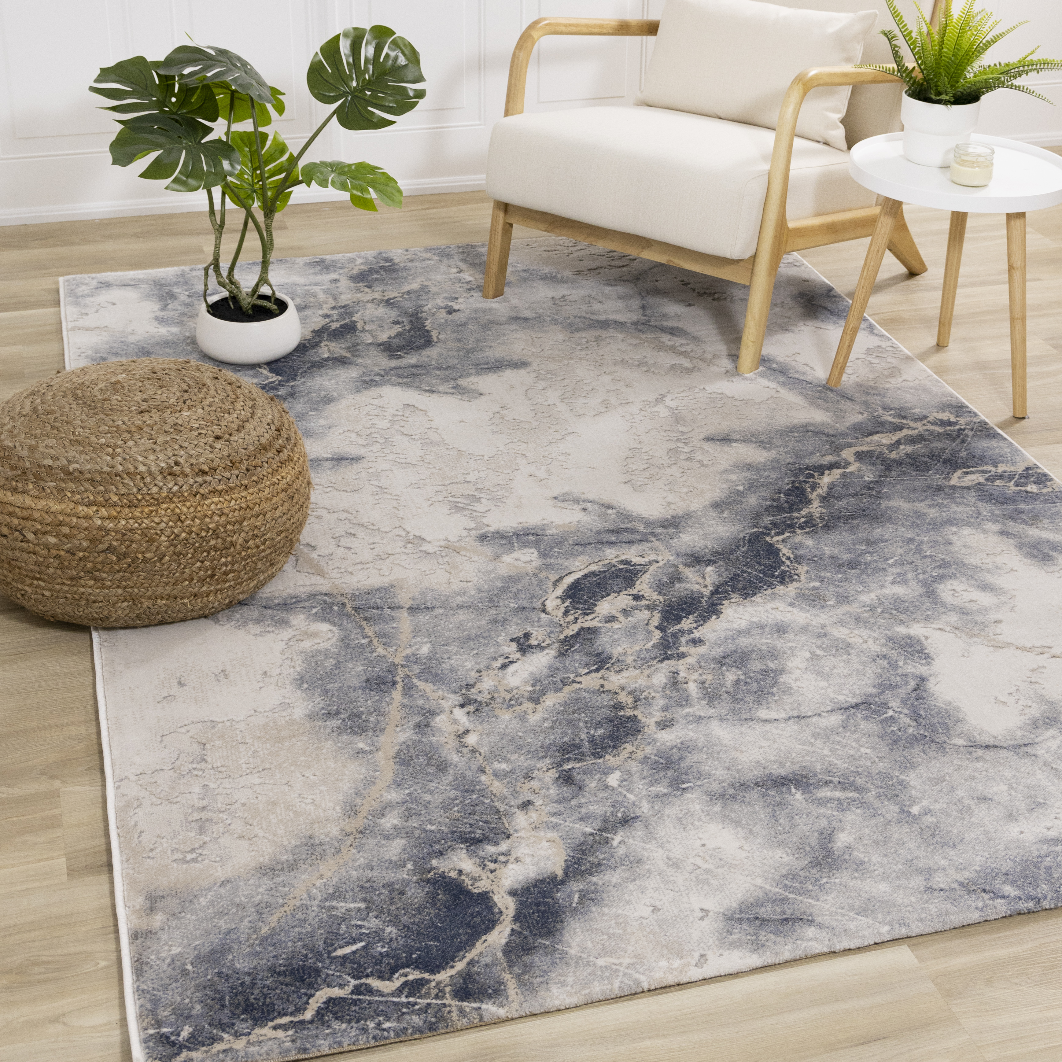 Luca Blue Cream Marble Print Rug, 2'8" x 4'3"