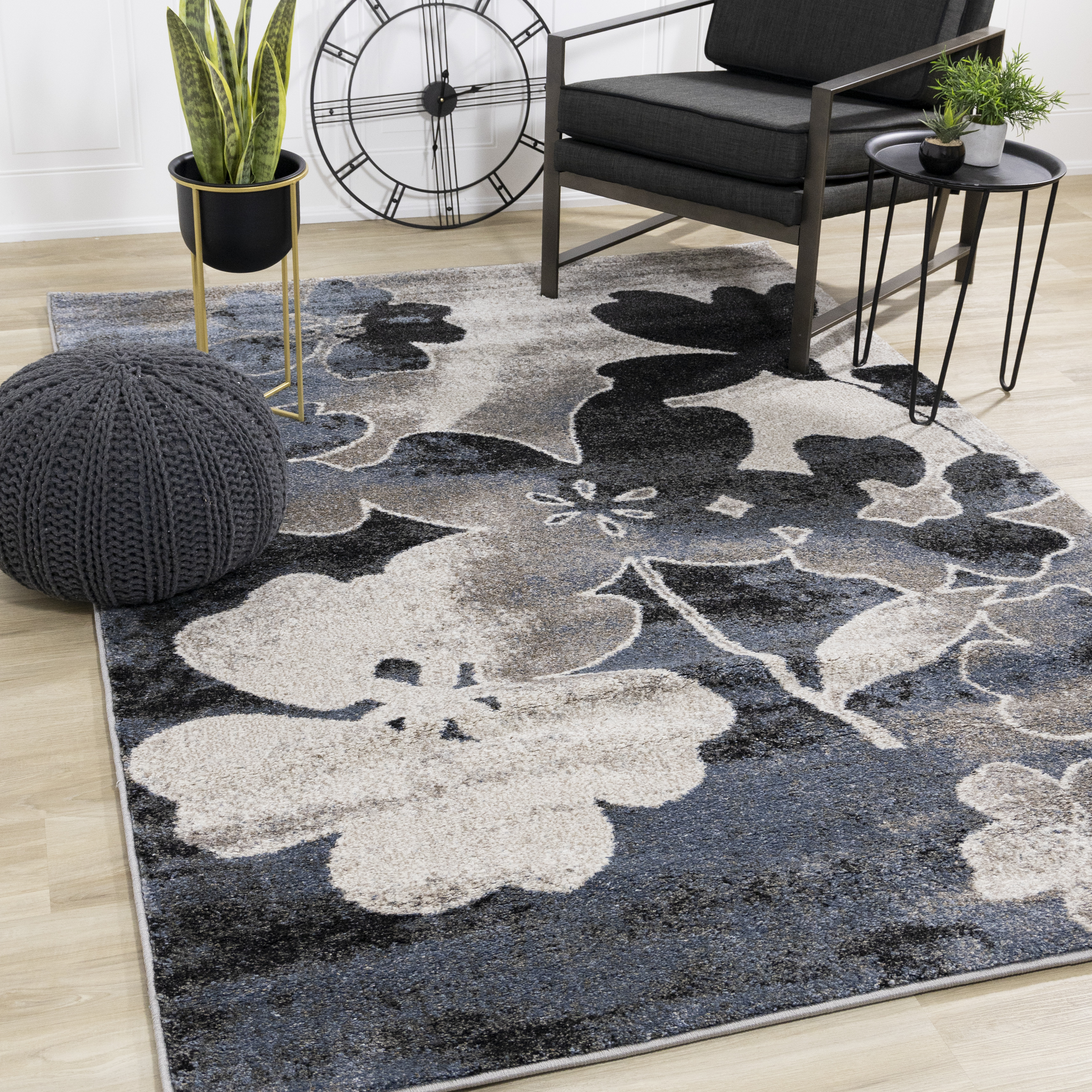Breeze Blue Cream Black Poppies Rug, 2'0" x 7'7"
