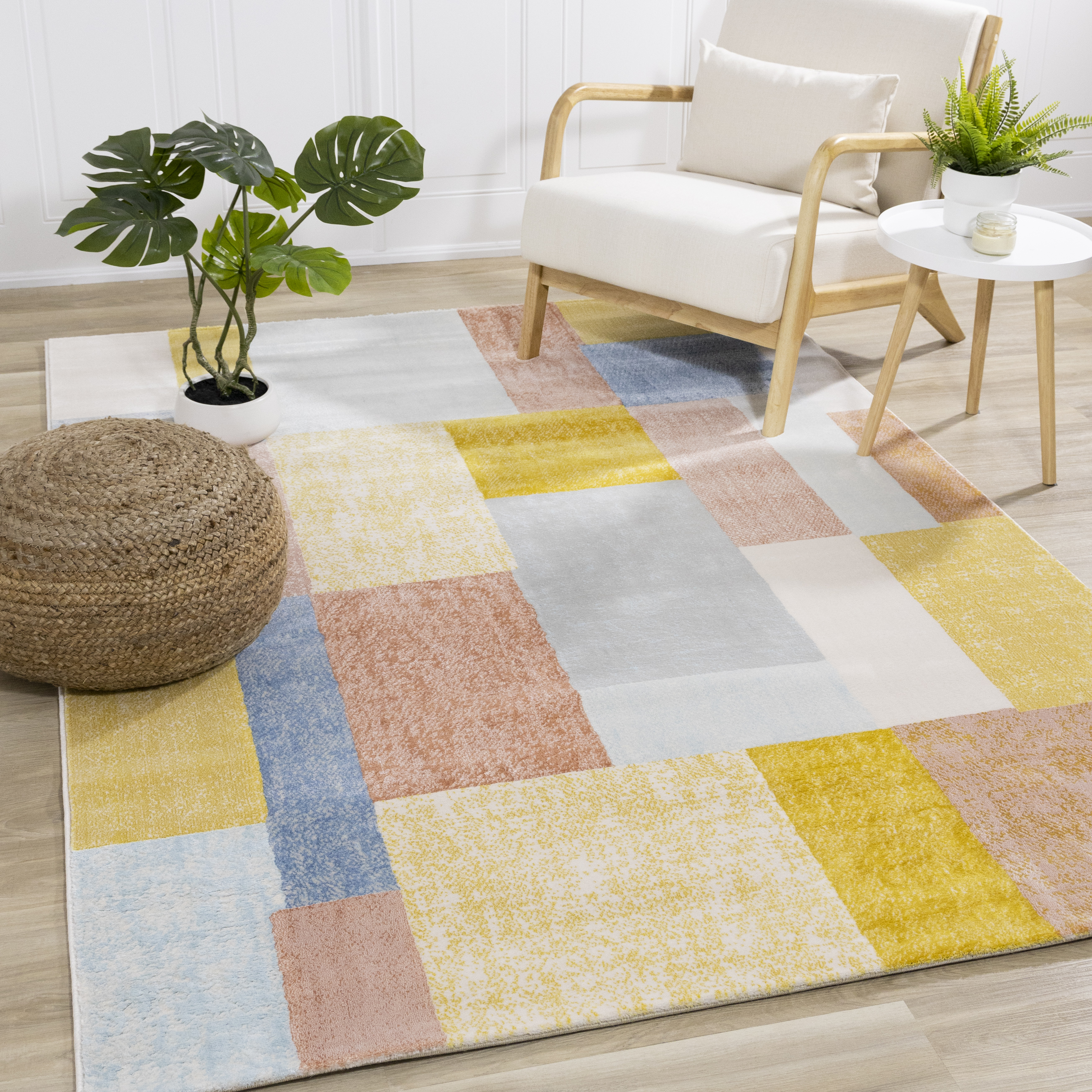 Belle Yellow Orange Blue Colour Blocks Rug, 5'3" x 7'7"