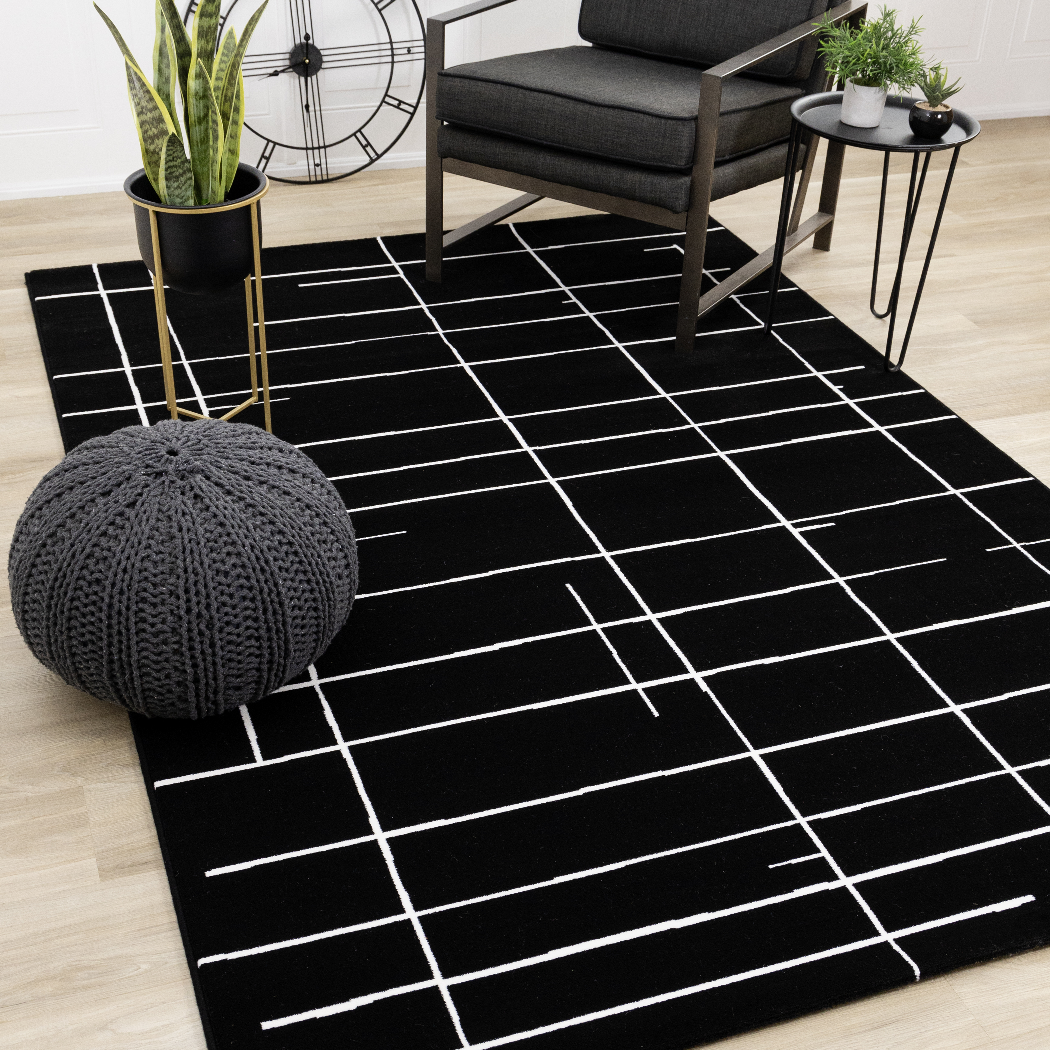 Ice Black White Lines Rug, 5'3" x 7'7"