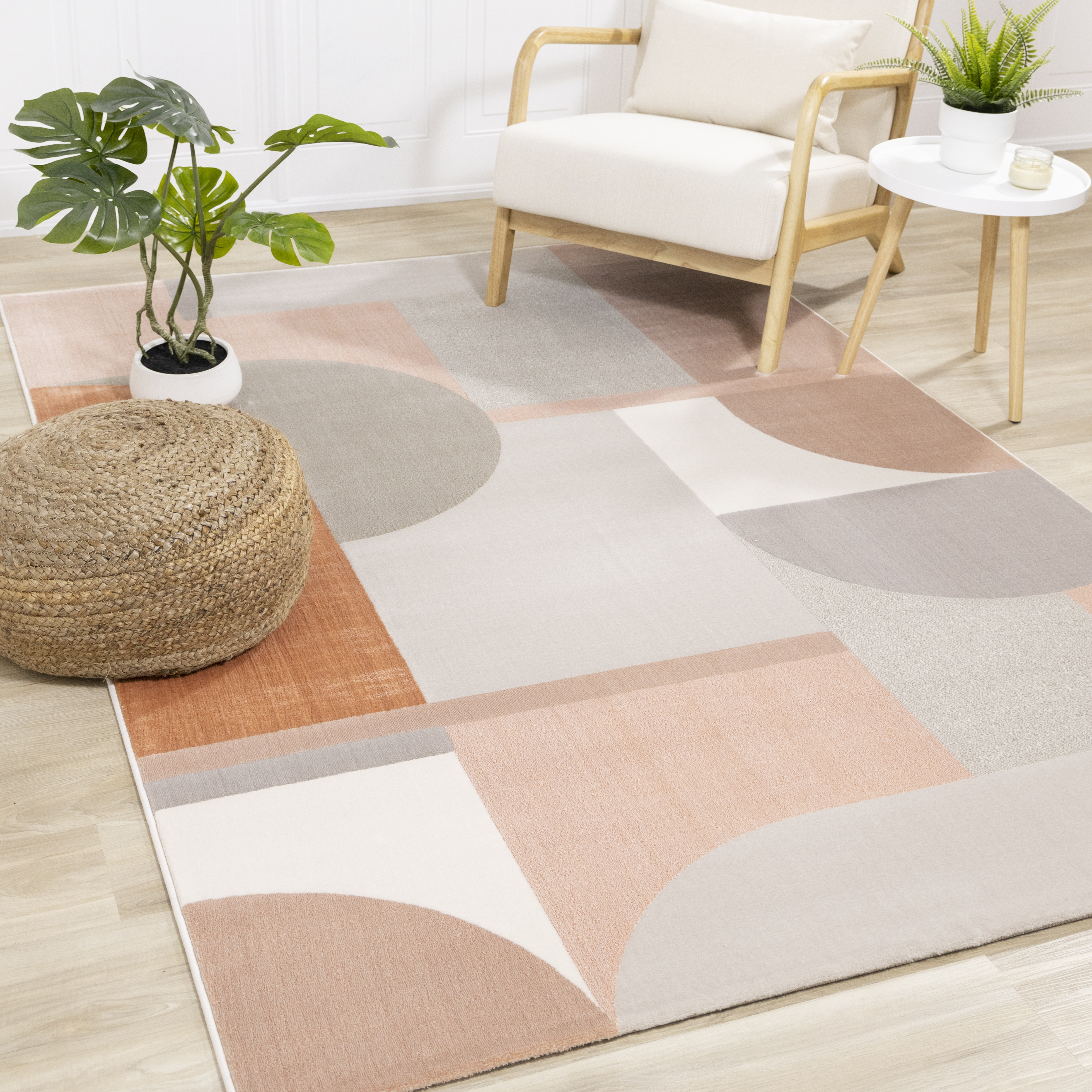 Belle Pink Grey Cream Multi-Geometric 
Pattern Plush Rug, 5'3" x 7'7"