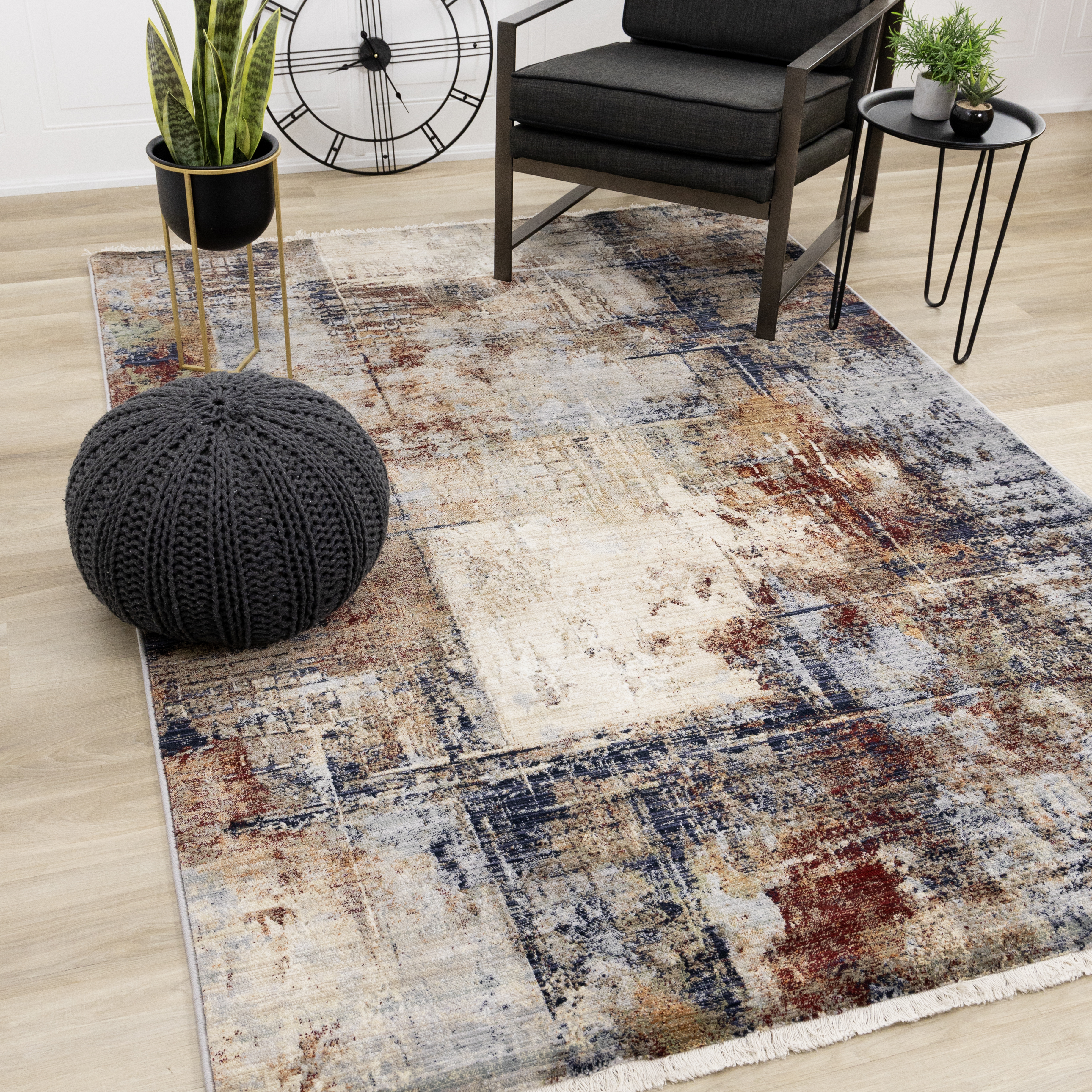Serene Red Blue Beige Layered Distressed Rug, 2'0" x 3'7"