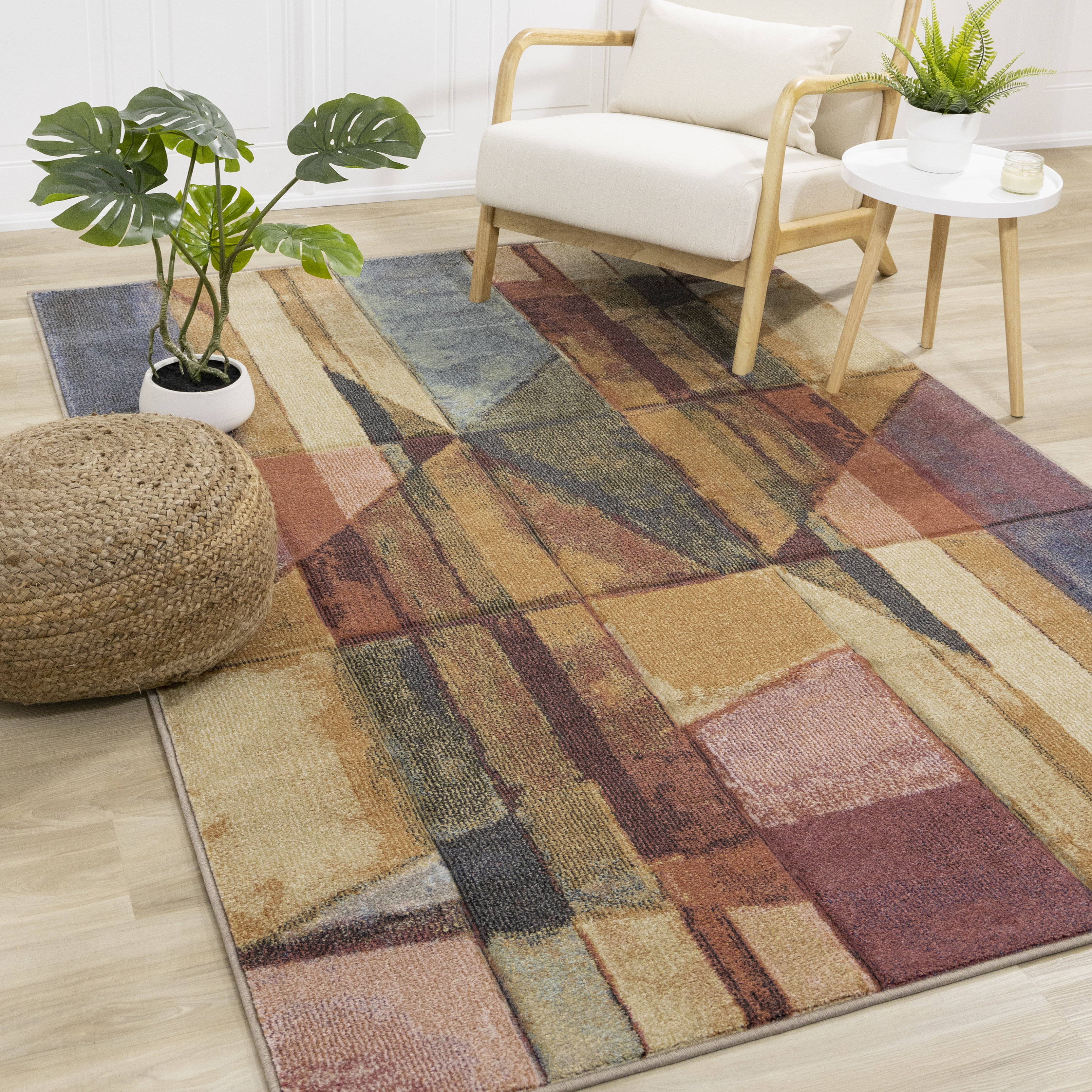 Folio Yellow Pink Blue Stained Glass Carved Rug, 5'3" x 7'7"