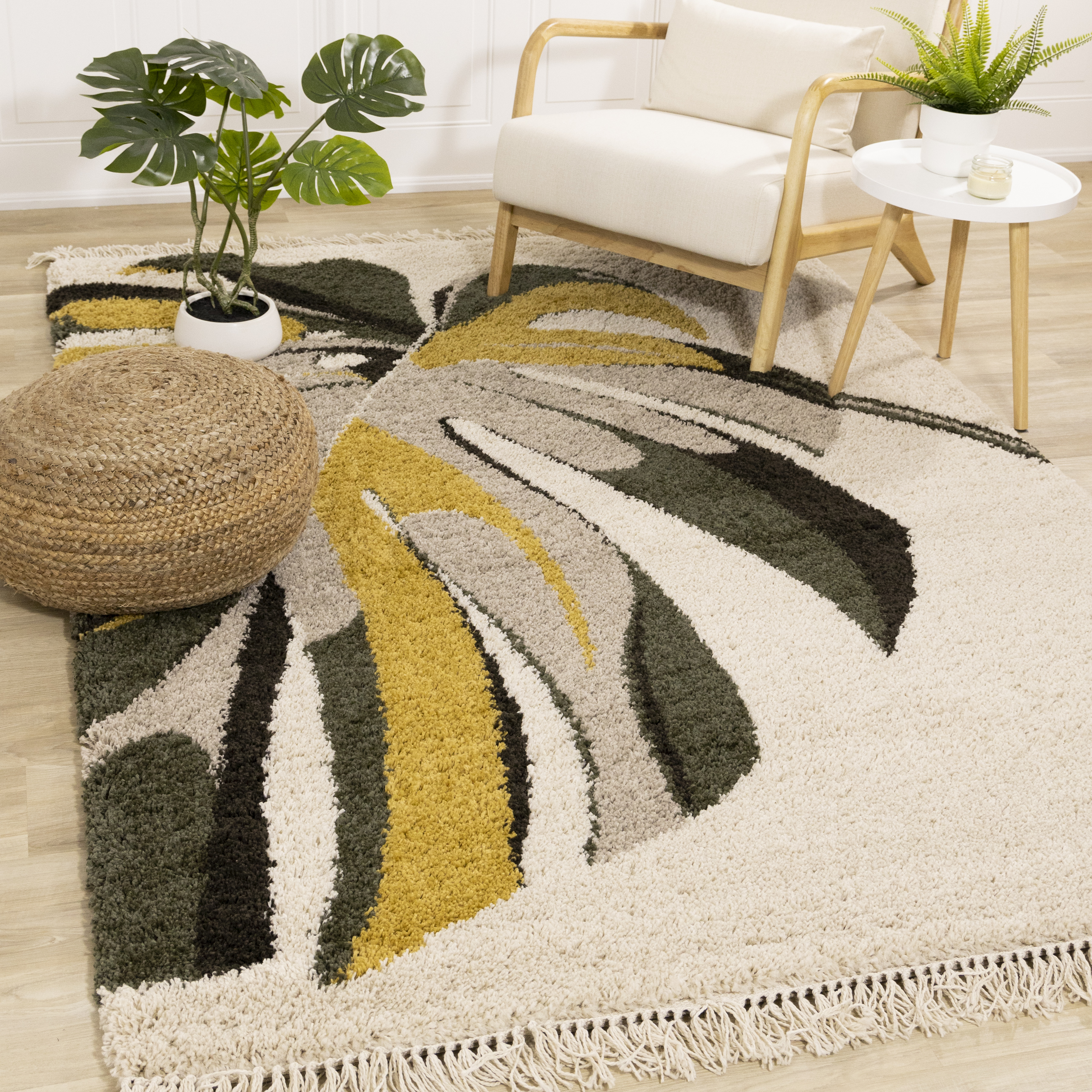 Bora Cream Green Yellow Monstera Leaf Shag Rug, 5'3" x 7'7"