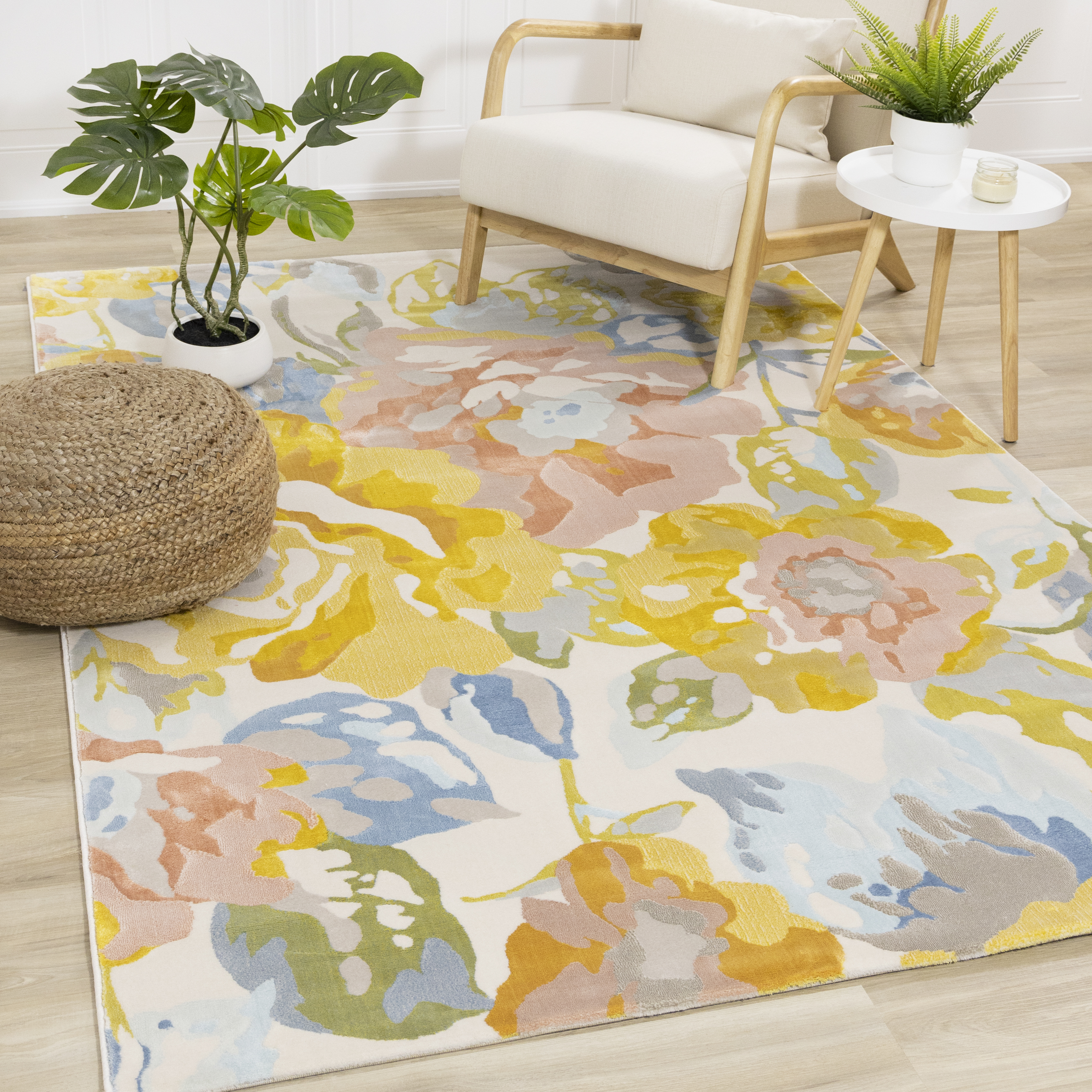 Belle Yellow Blue Pink Floral Rug, 5'3" x 7'7"