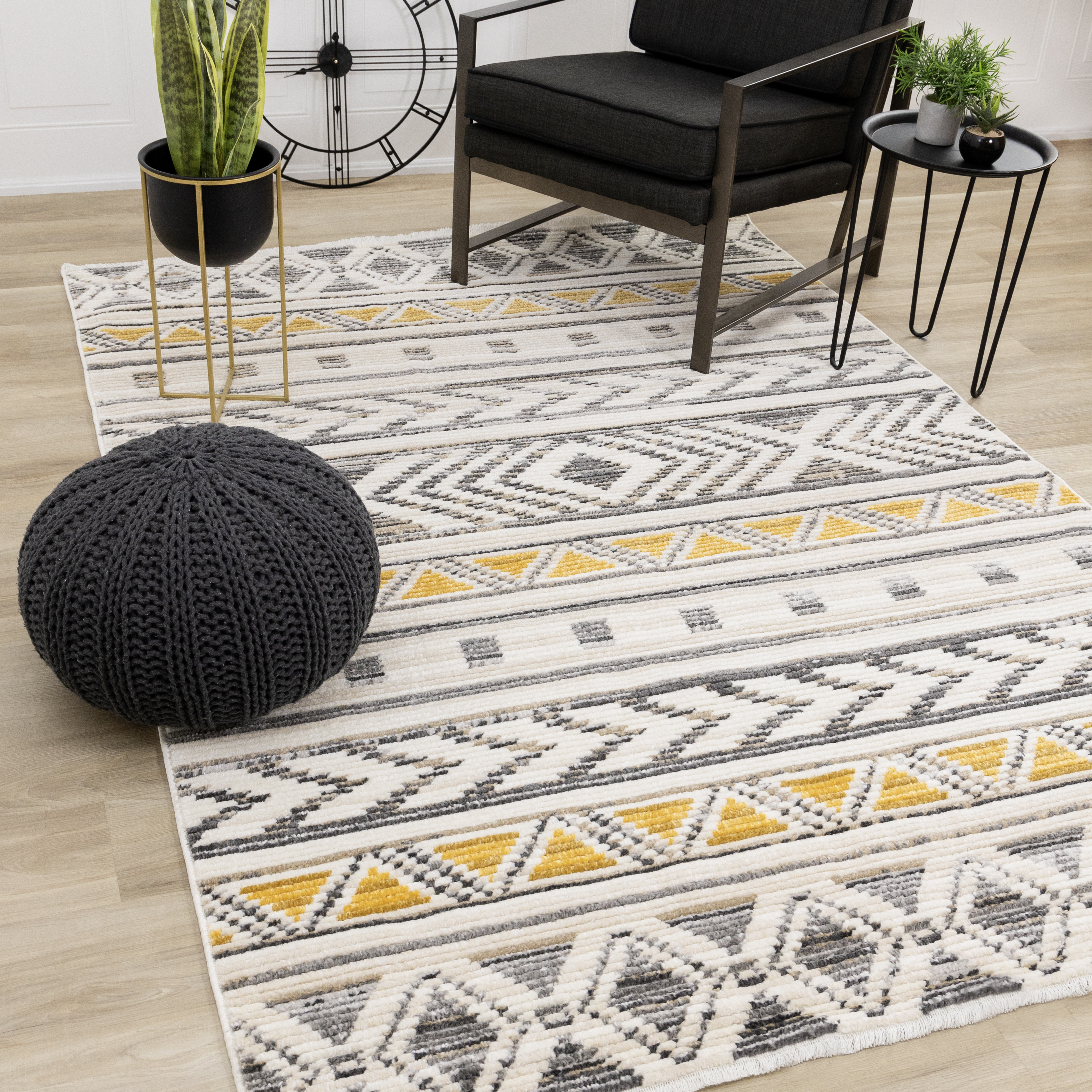Calabar Cream Grey Yellow Tribal Rug,  4'3'' x 6'1''